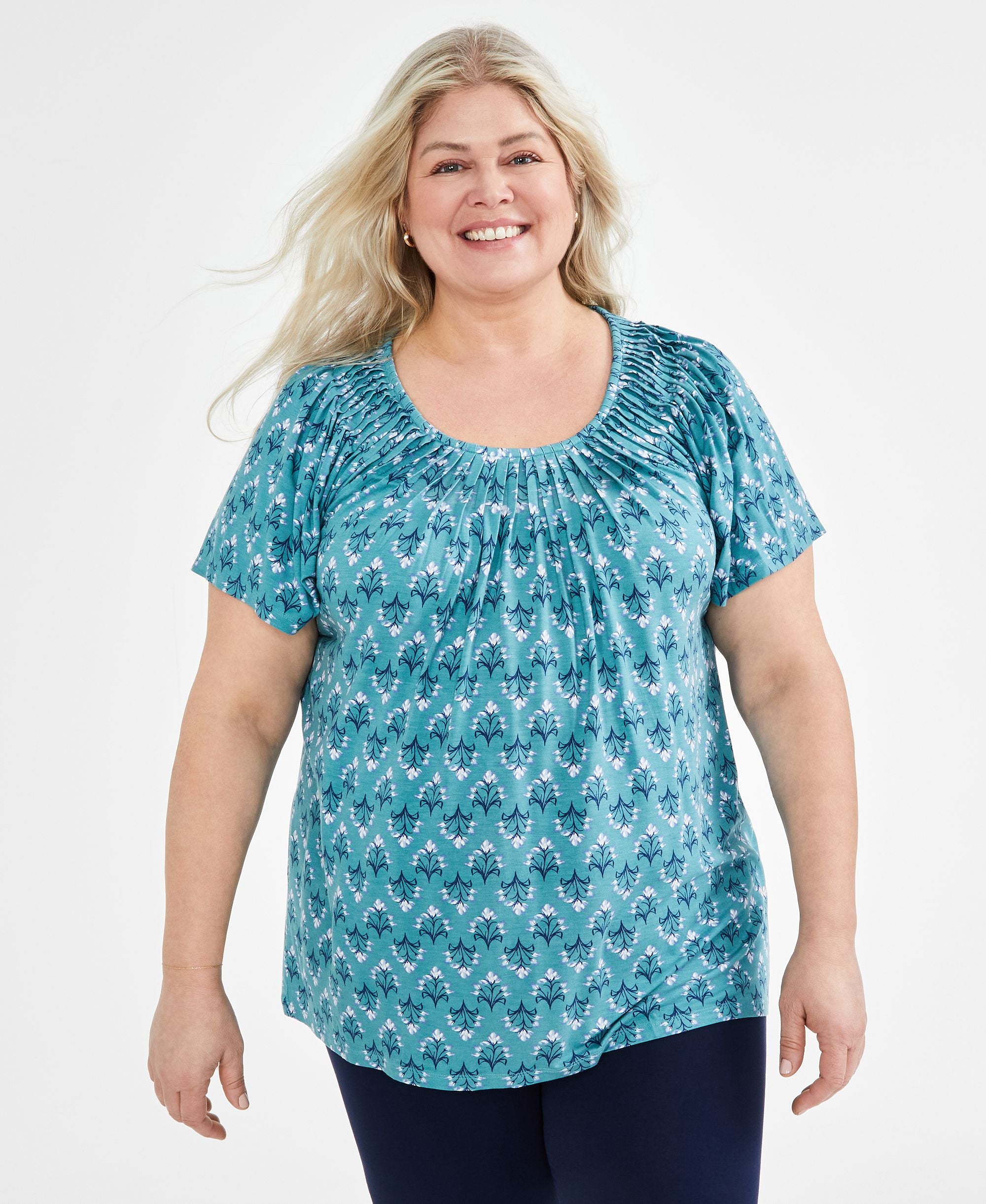 Plus Size Printed Pleat-Neck Top