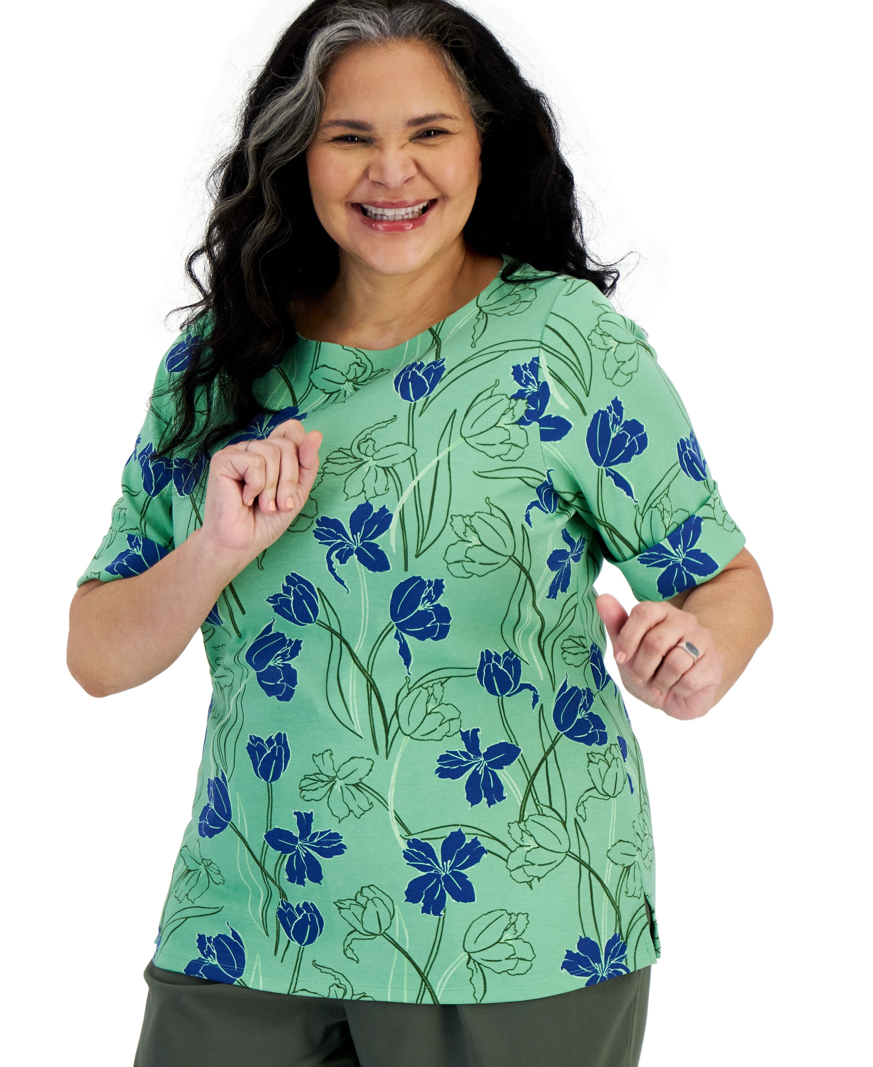 Plus Size Printed Elbow-Sleeve Top