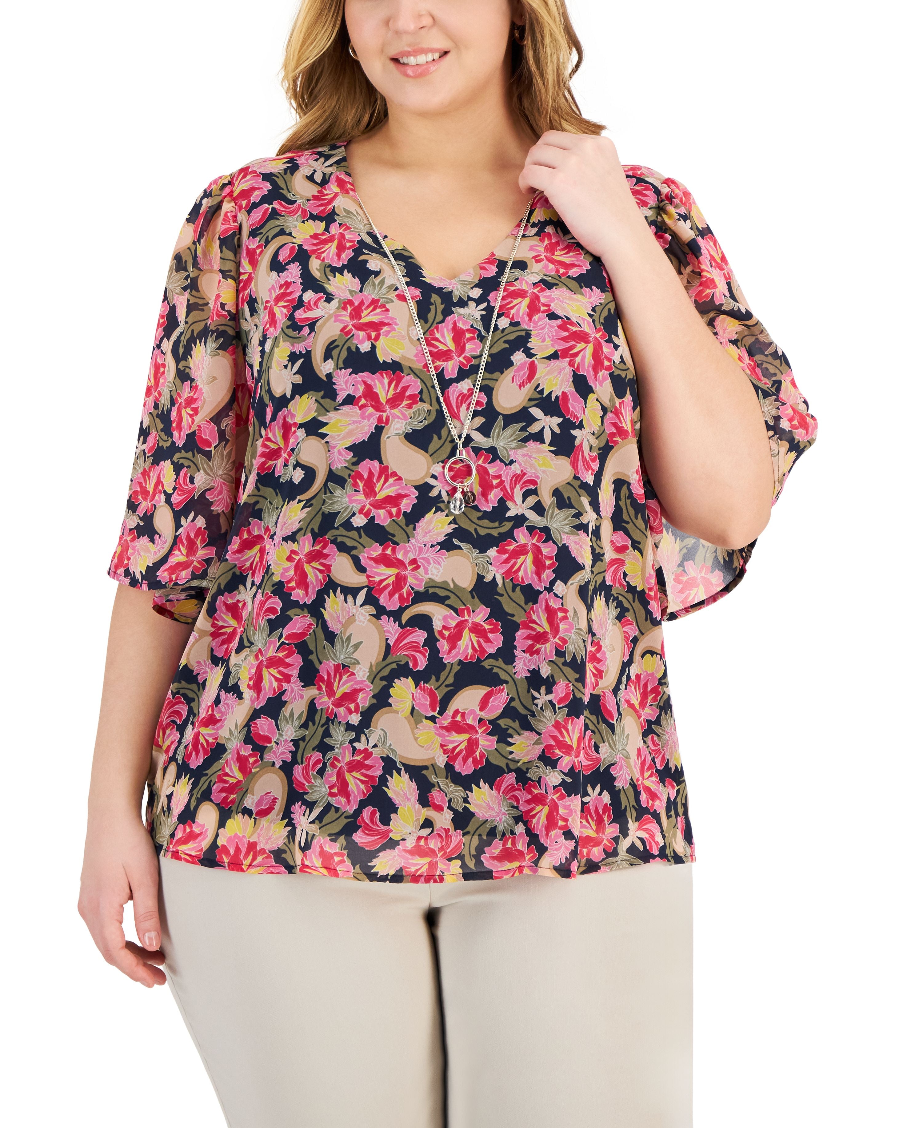 Plus Size Oaklyn Floral-Print Flutter-Sleeve Necklace Top