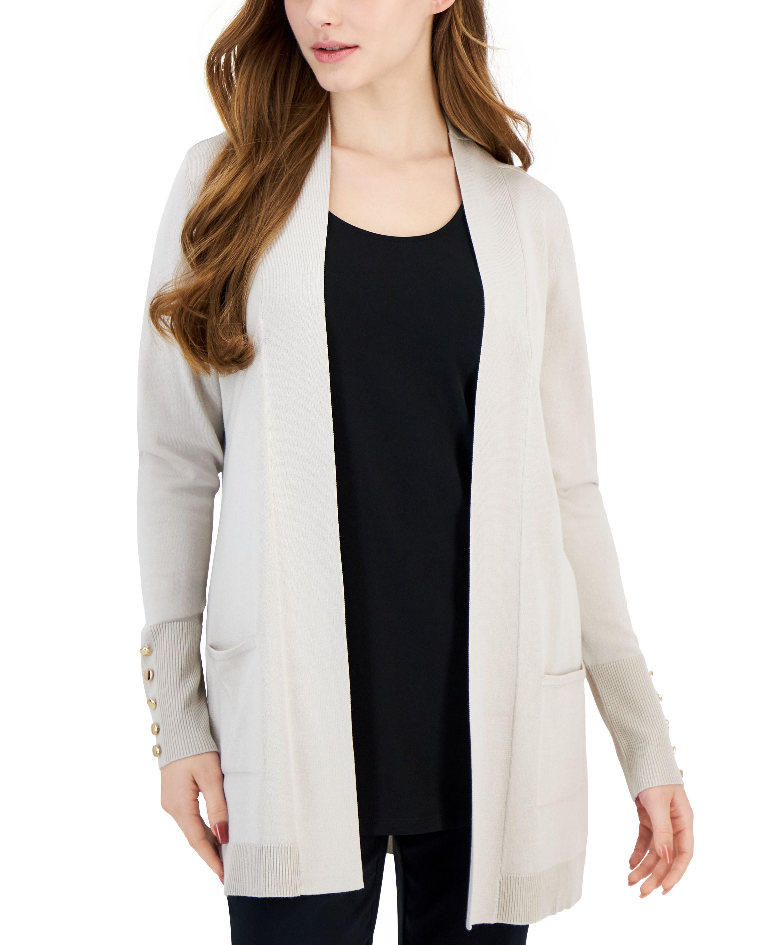Petite Open-Front Button-Cuff Cardigan