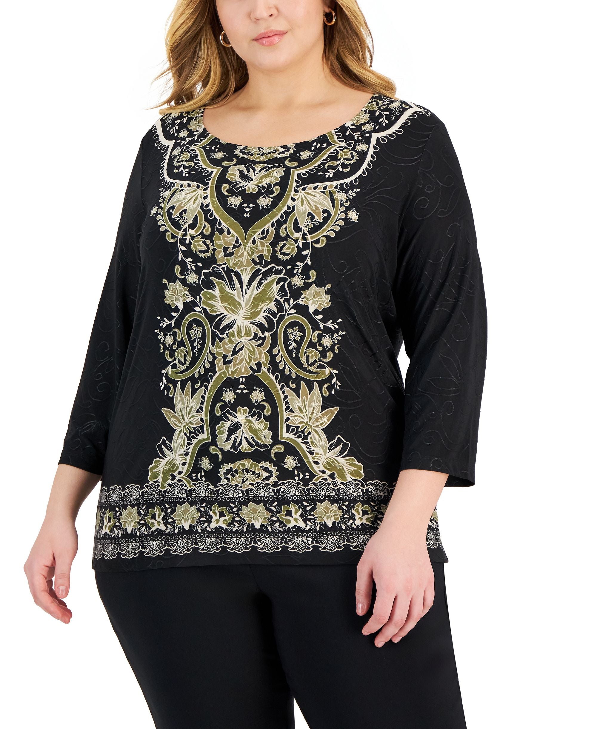 Plus Size Printed Border-Hem Jacquard Top