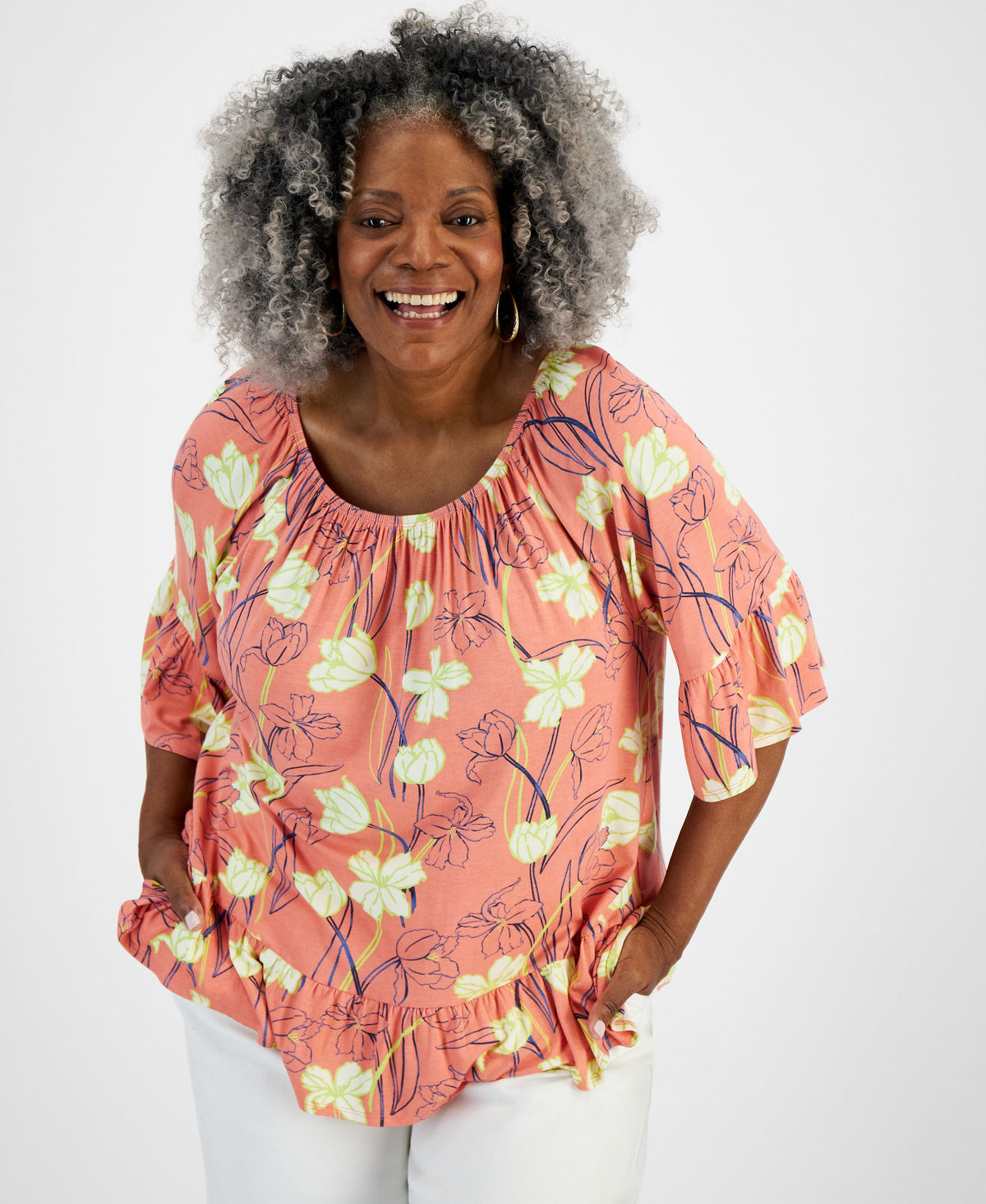 Plus Size Printed On/Off-The-Shoulder Knit Top