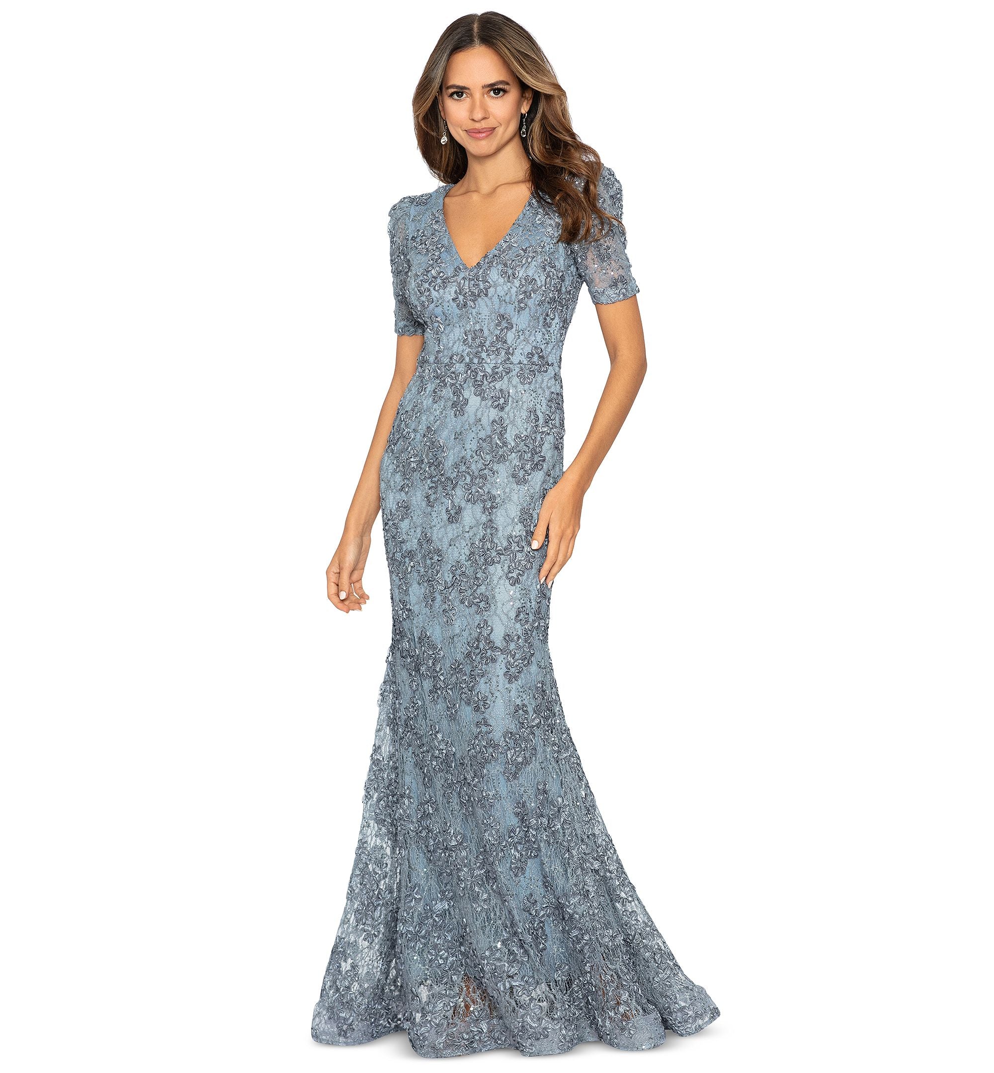 Petite Embellished Soutache Lace V-Neck Gown