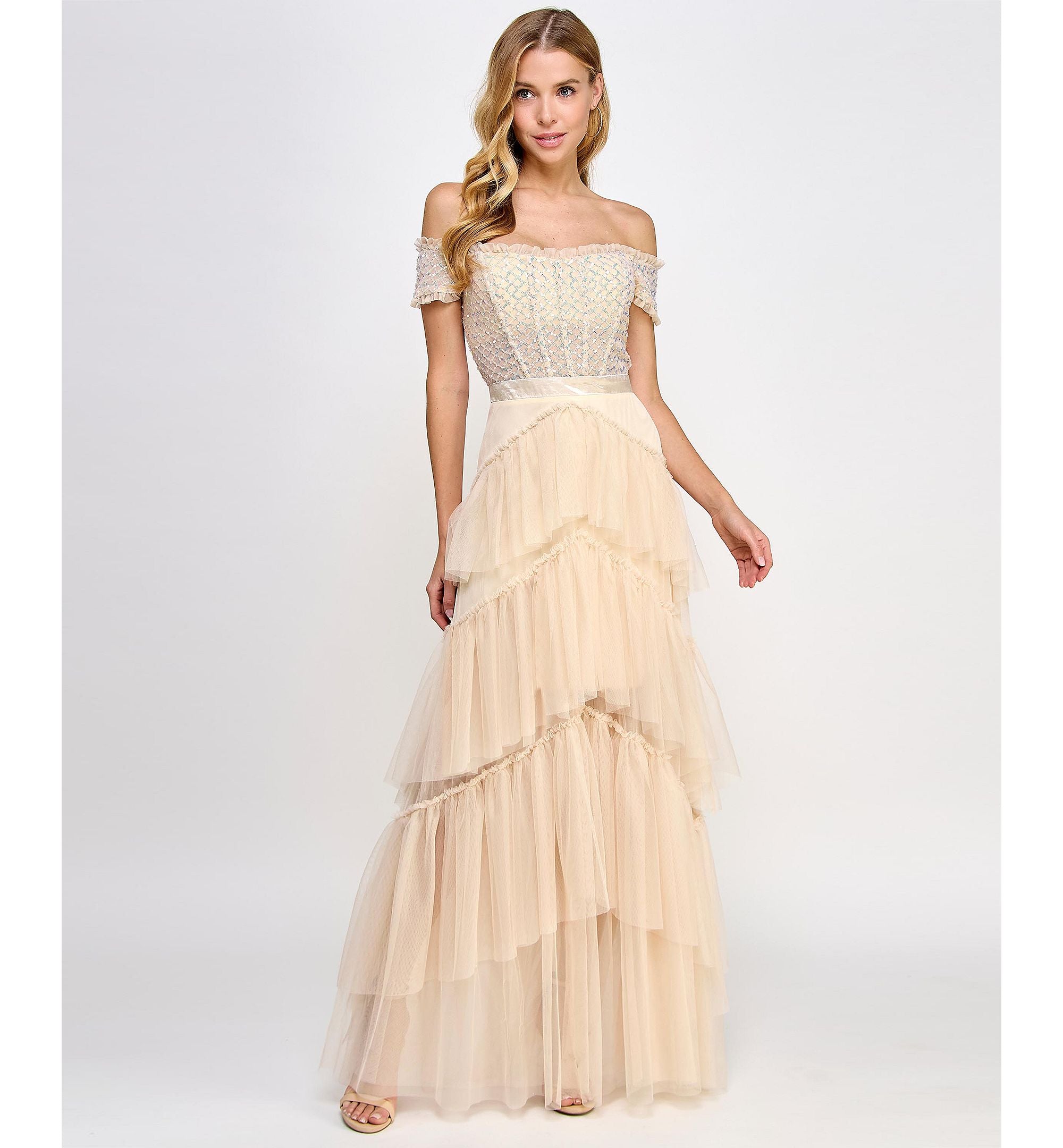 Juniors' Sequin-Bustier Off-The-Shoulder Gown