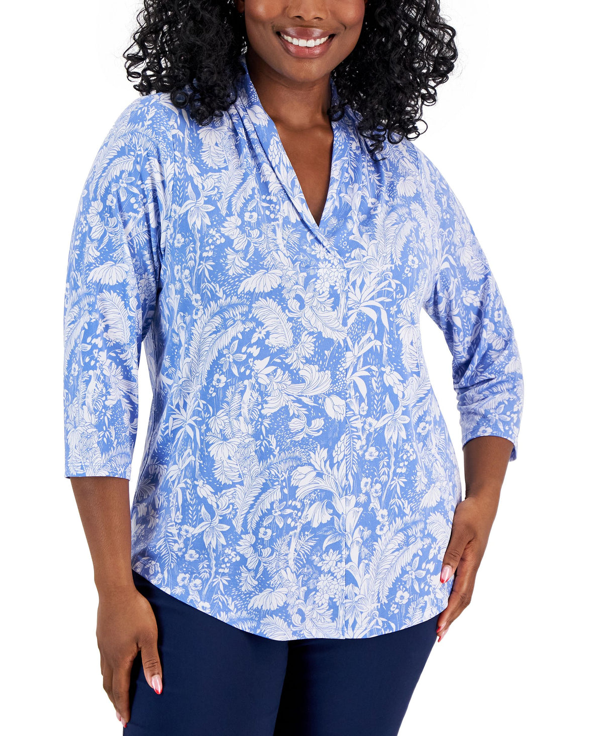 Plus Size Floral-Print Front-Pleat Top Neo Natural Combo 2X