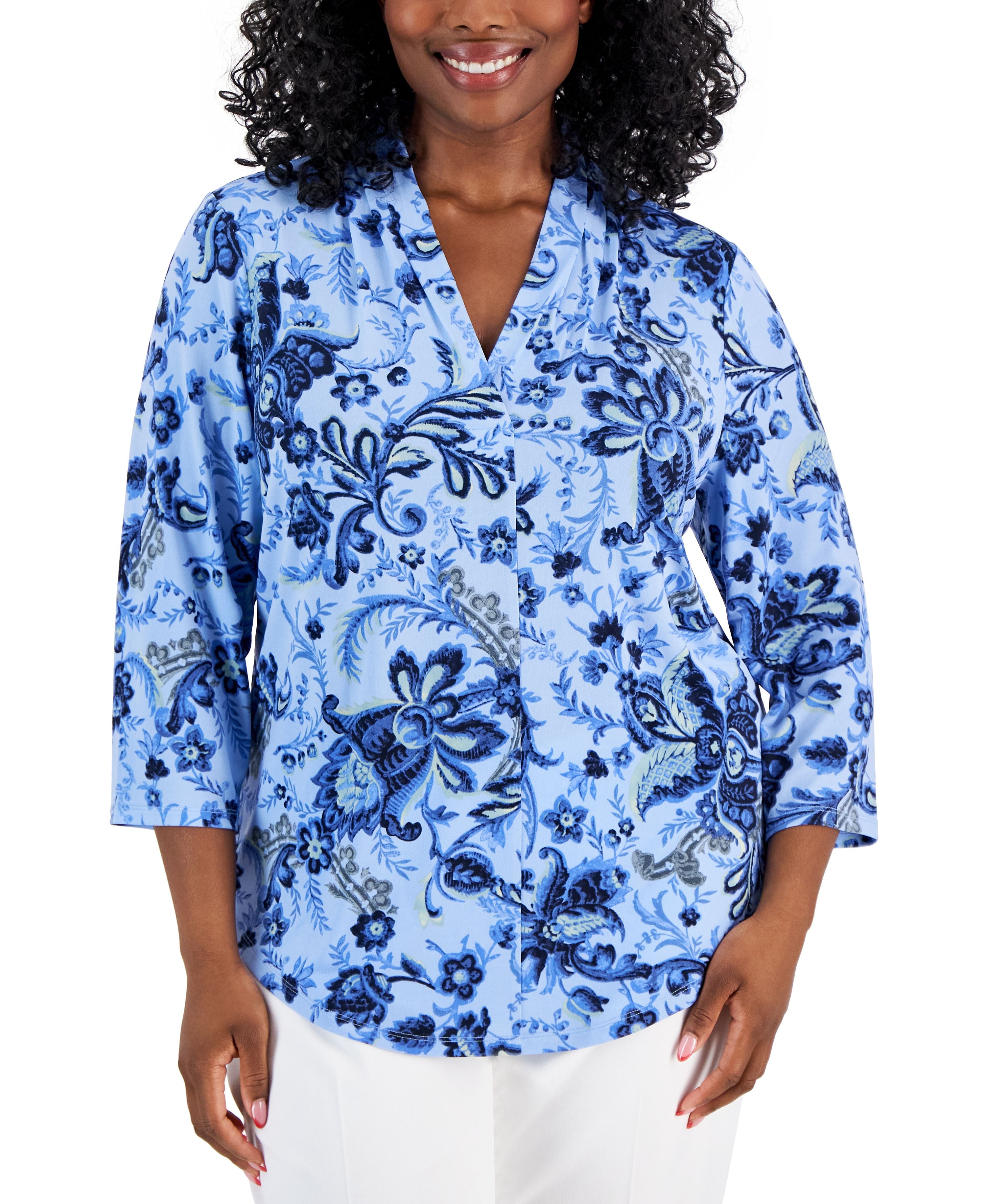 Plus Size Floral-Print Front-Pleat Top