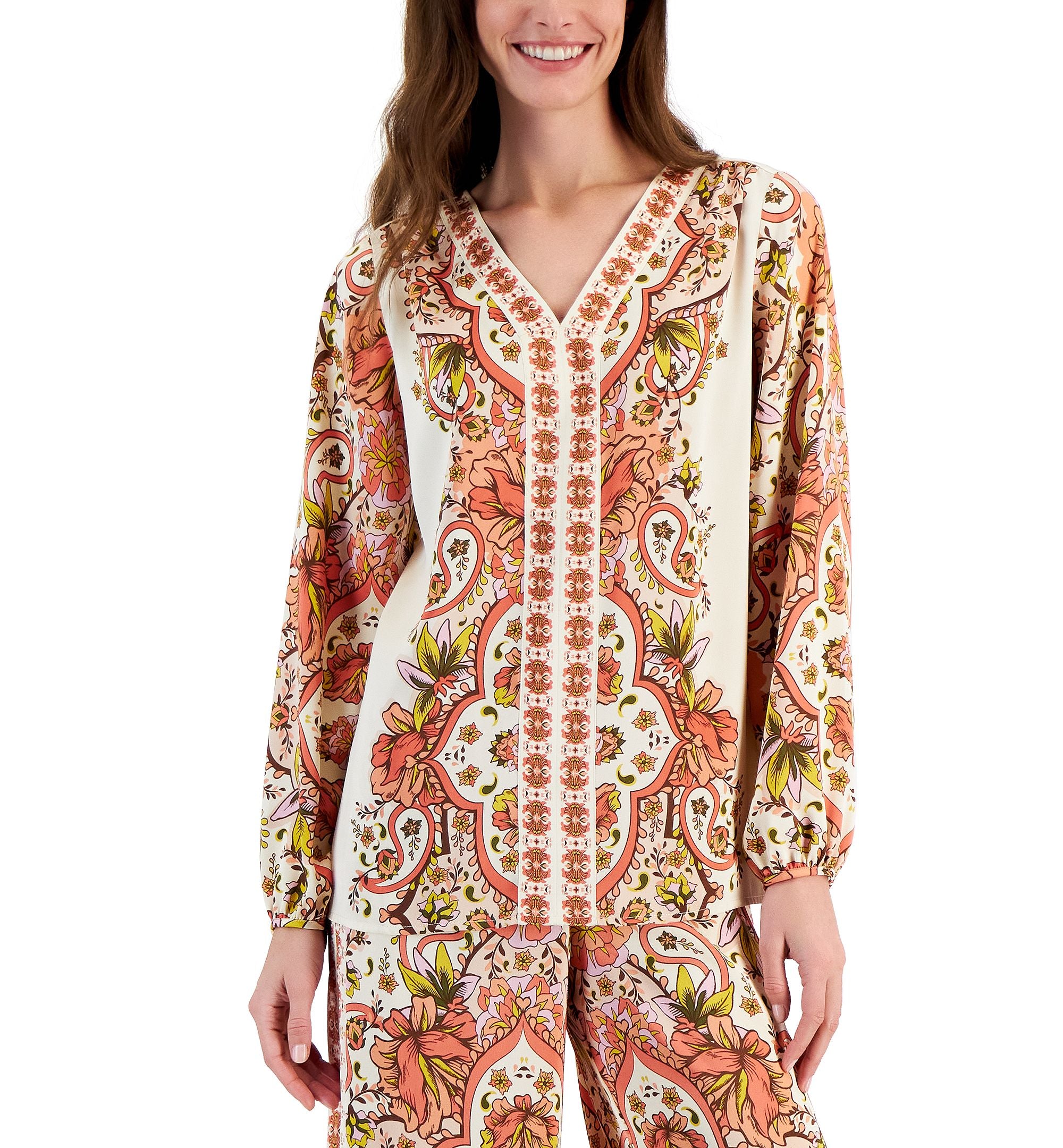 Women's Long Sleeve Printed V-Neck Satin Top Sandshell Combo XL