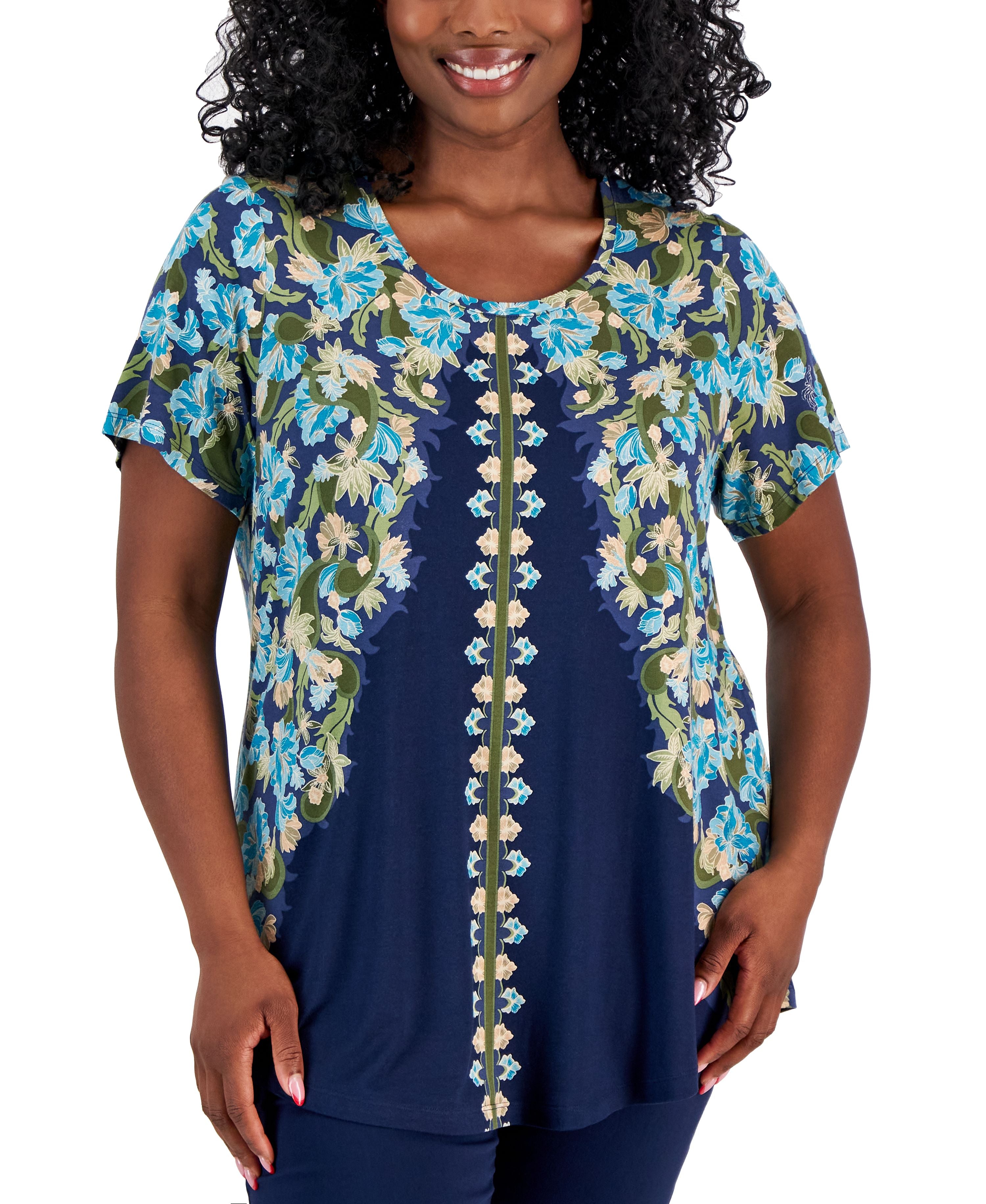 Plus Size Oaklyn Ornate Print Short-Sleeve Top