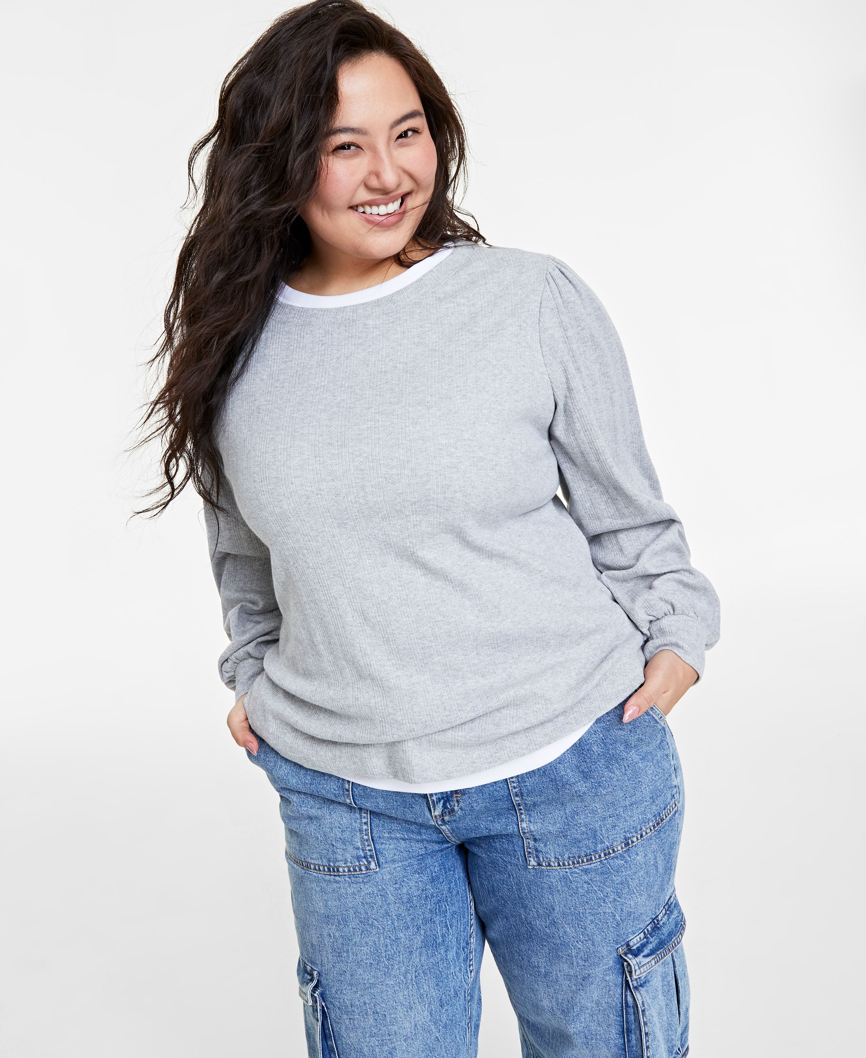 Plus Size Pointelle-Rib Long-Sleeve Top