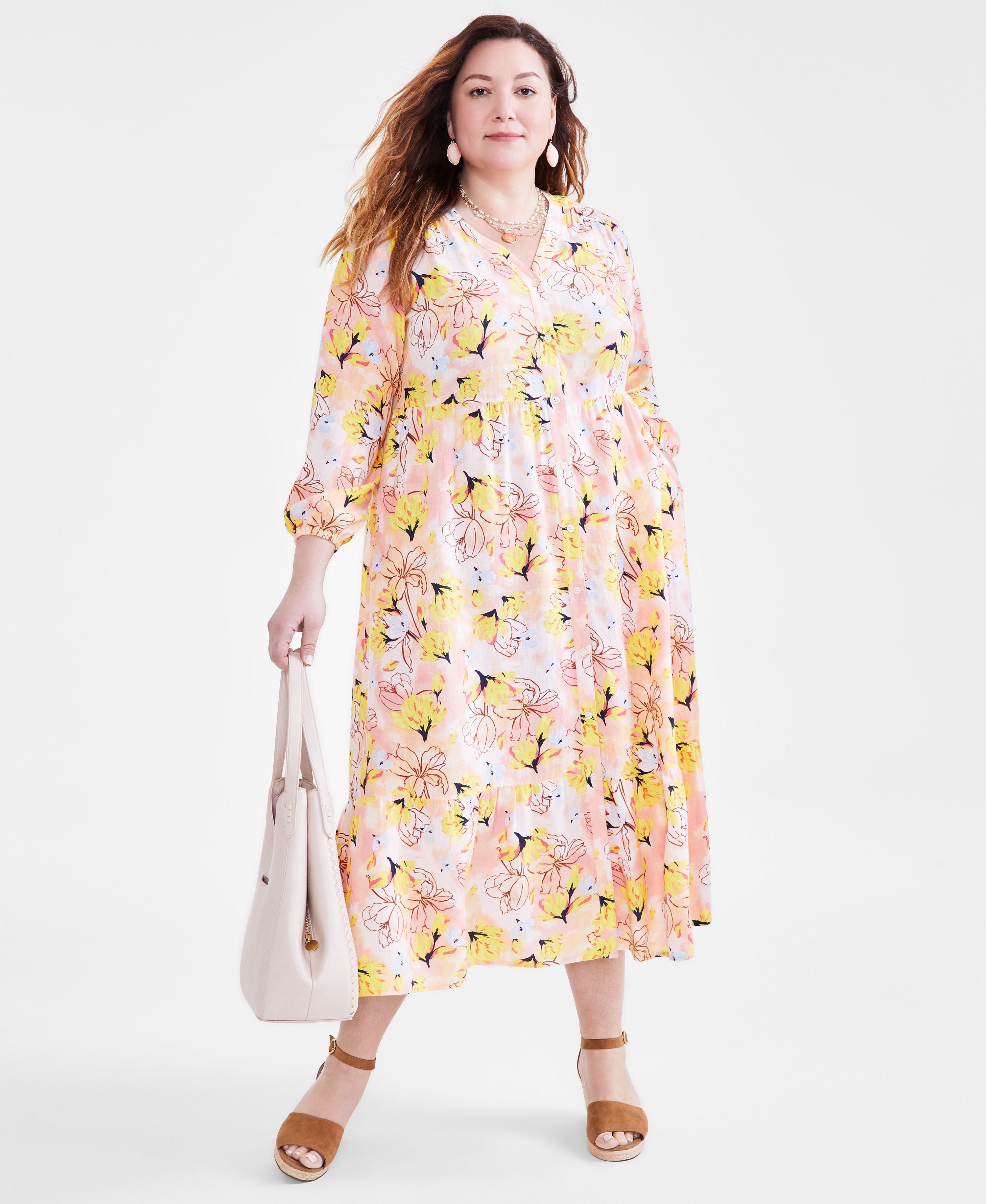 Plus Size Floral-Print Tiered Linen-Blend 3/4-Sleeve Dress