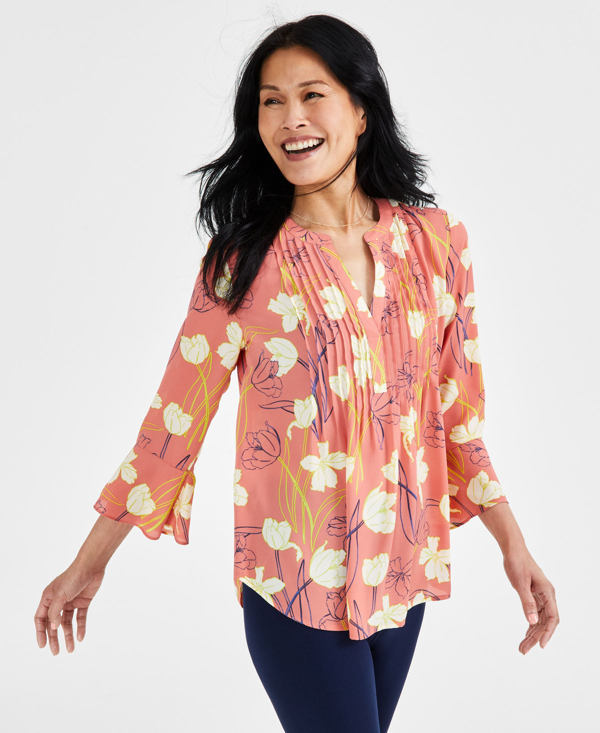 Women's Printed Pintuck Ruffle Sleeve Top