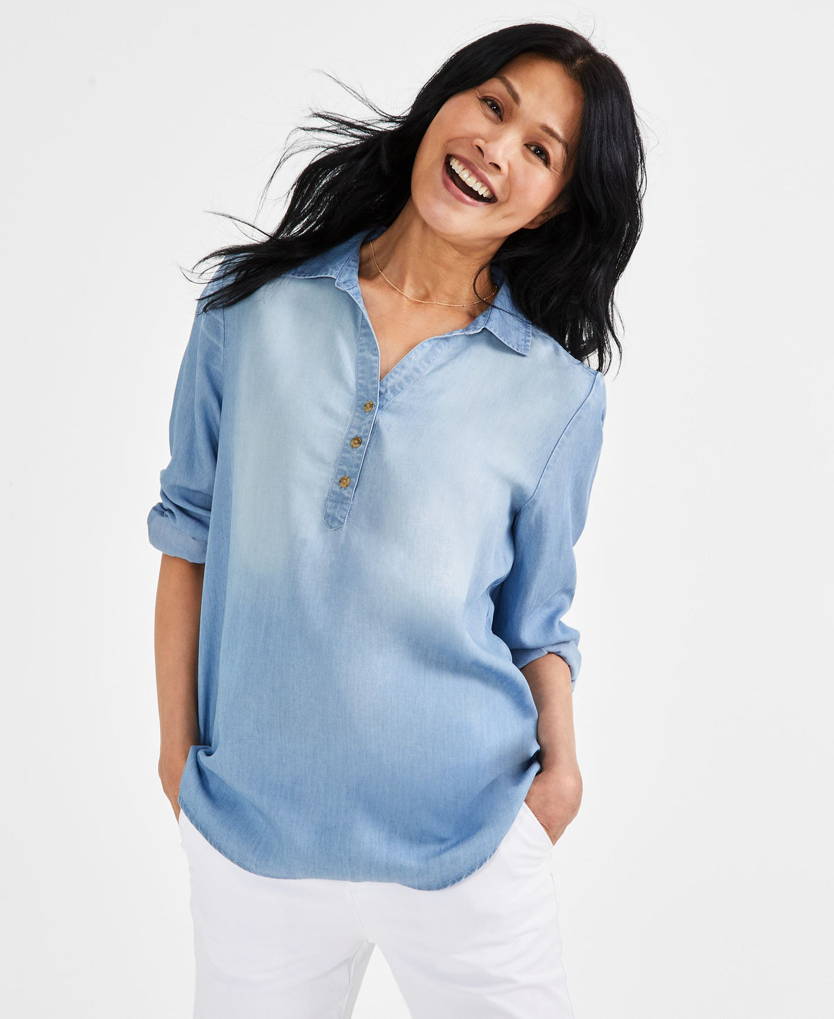 Petite Perfect Long-Sleeve Popover Top