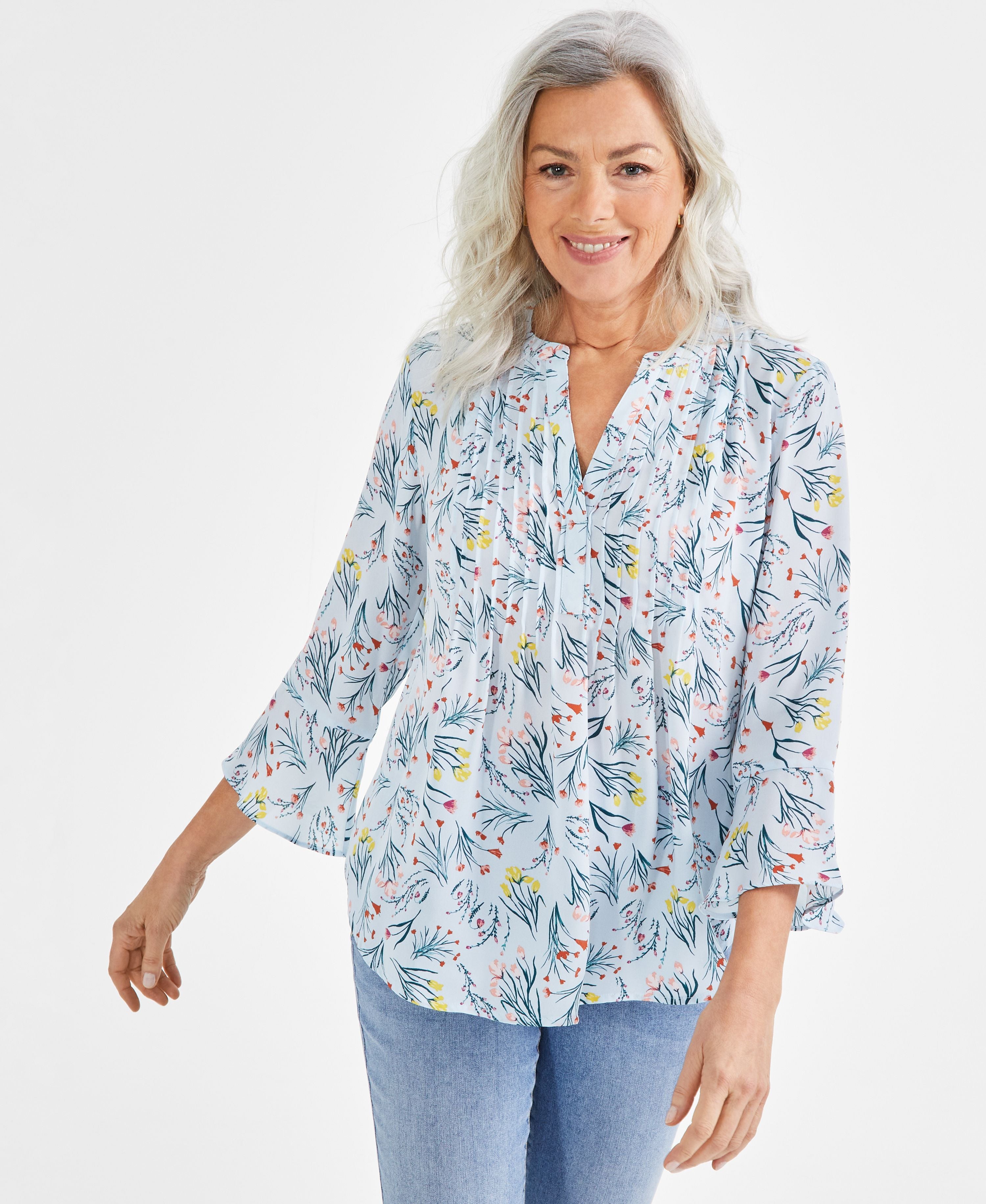 Women's Printed Pintuck Ruffle Sleeve Top
