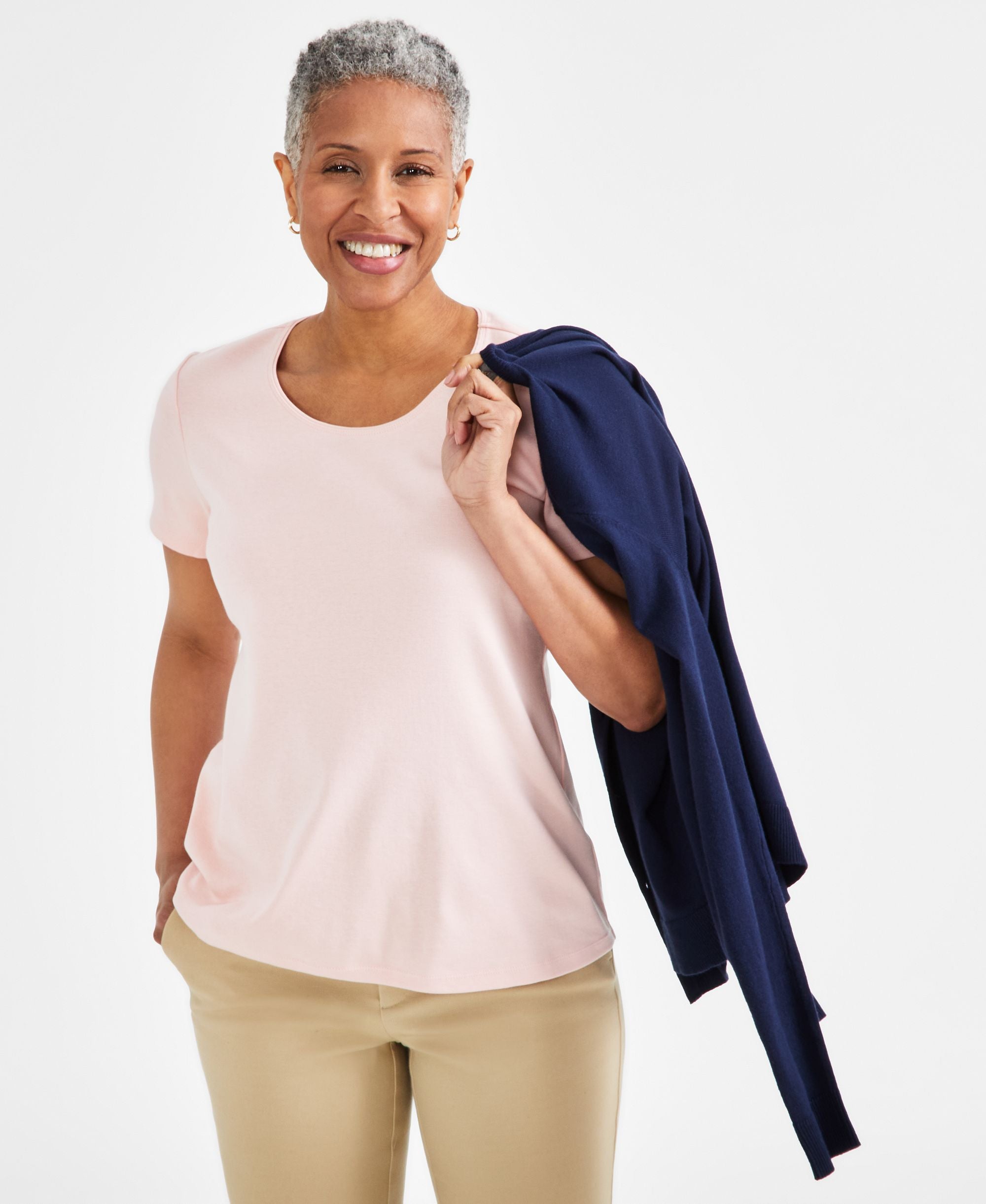 Petite Cotton Scoop-Neck Short-Sleeve Top  Pink Lining PL