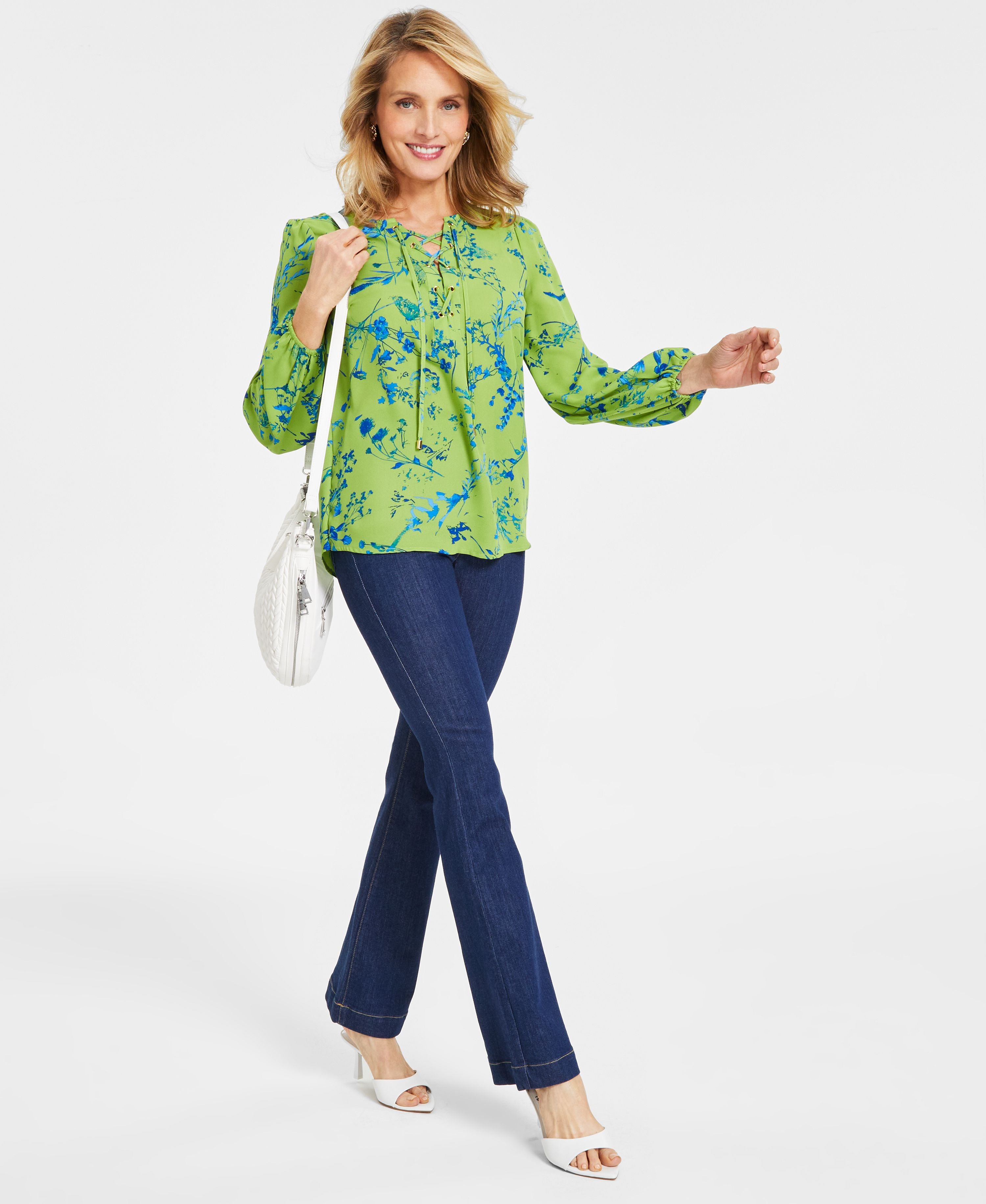 Women's Printed Lace-Up Blouse, Bootcut Pull-On Jeans & Kolleene Crossbody Bag