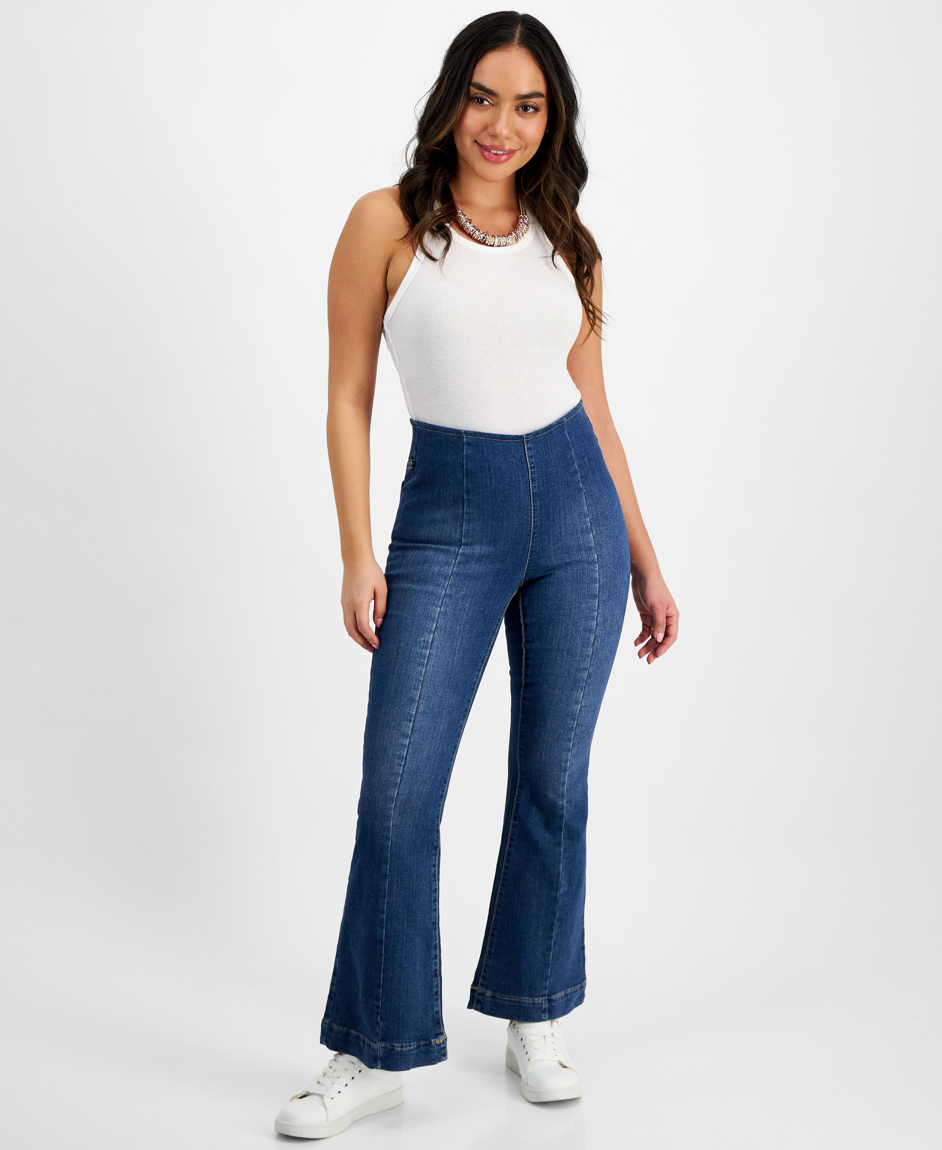 Petite Seamed High-Rise Flare-Leg Denim Jeans