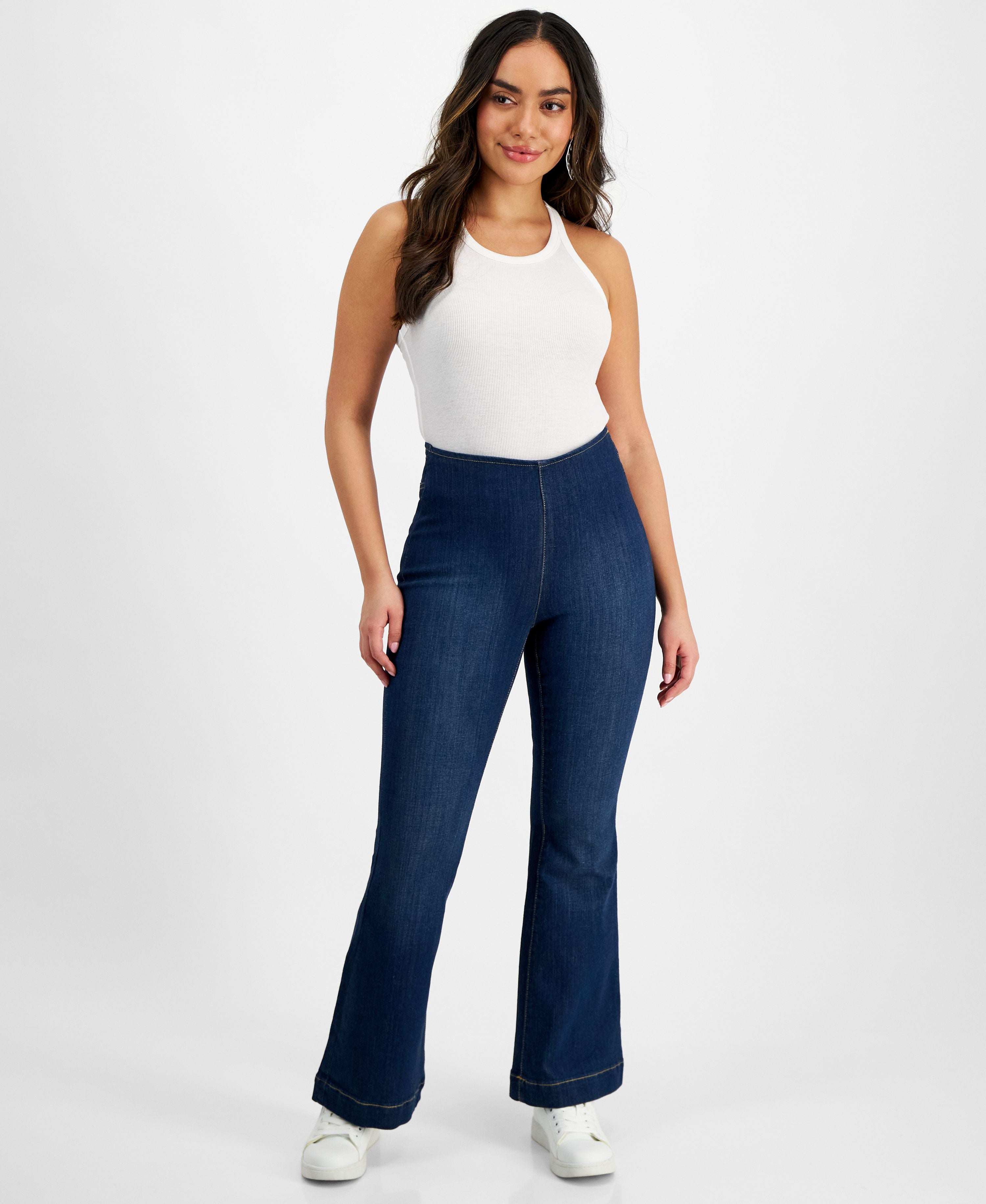 Petite High-Rise Flare-Leg Pull-On Denim Jeans