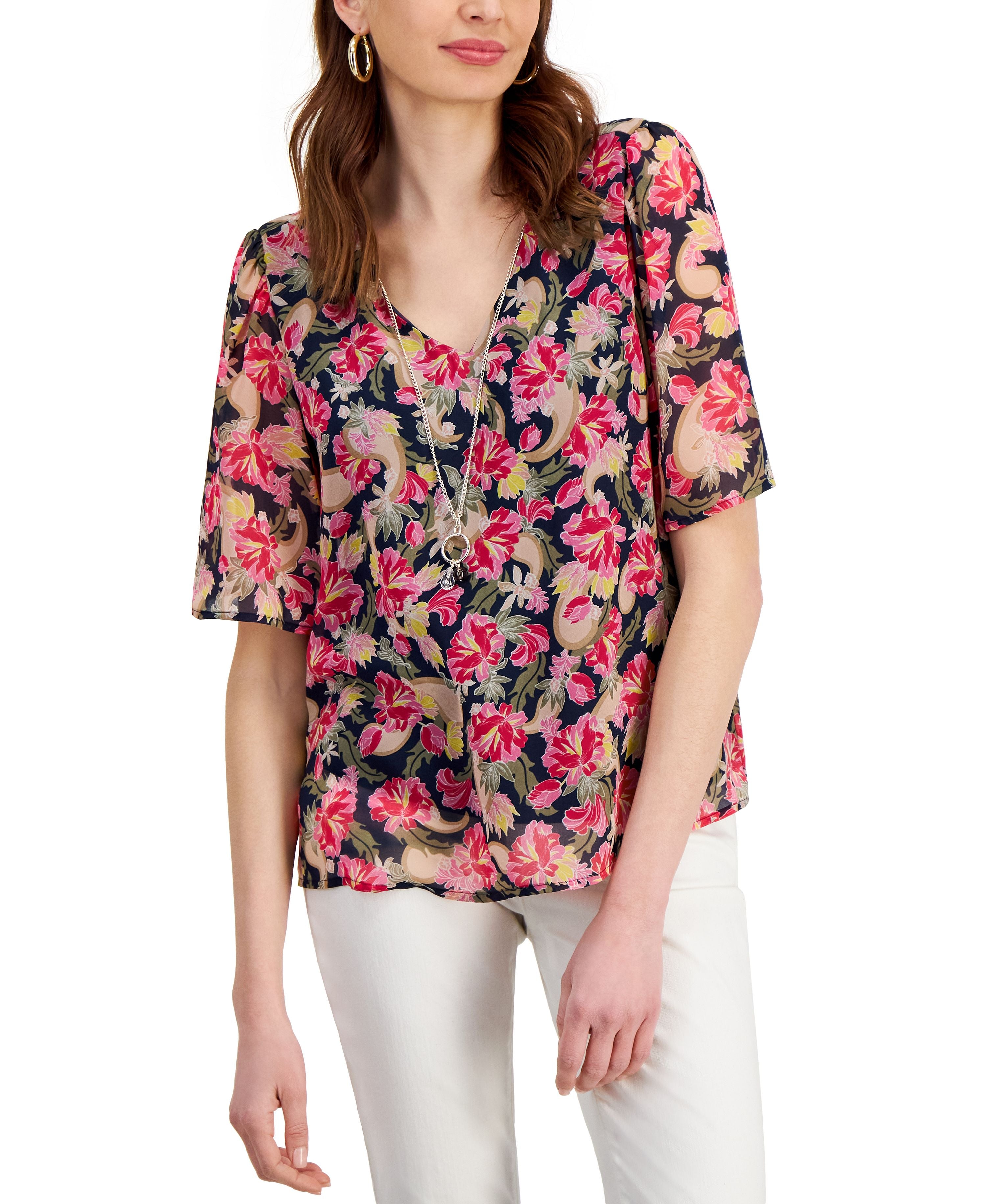 Women's Short Flutter-Sleeve Necklace Top