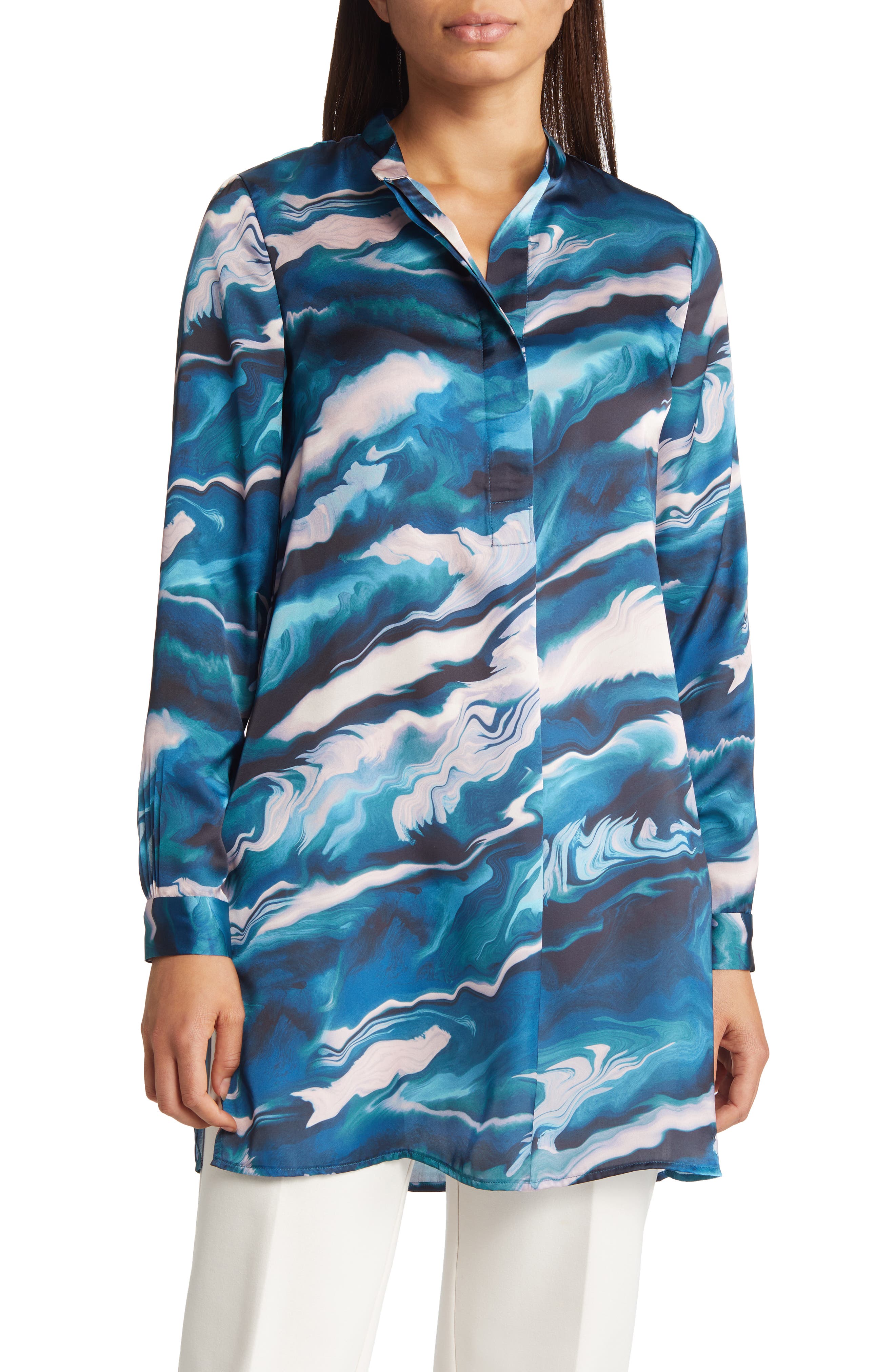 Anne Klein Marble Print Satin Tunic Blouse