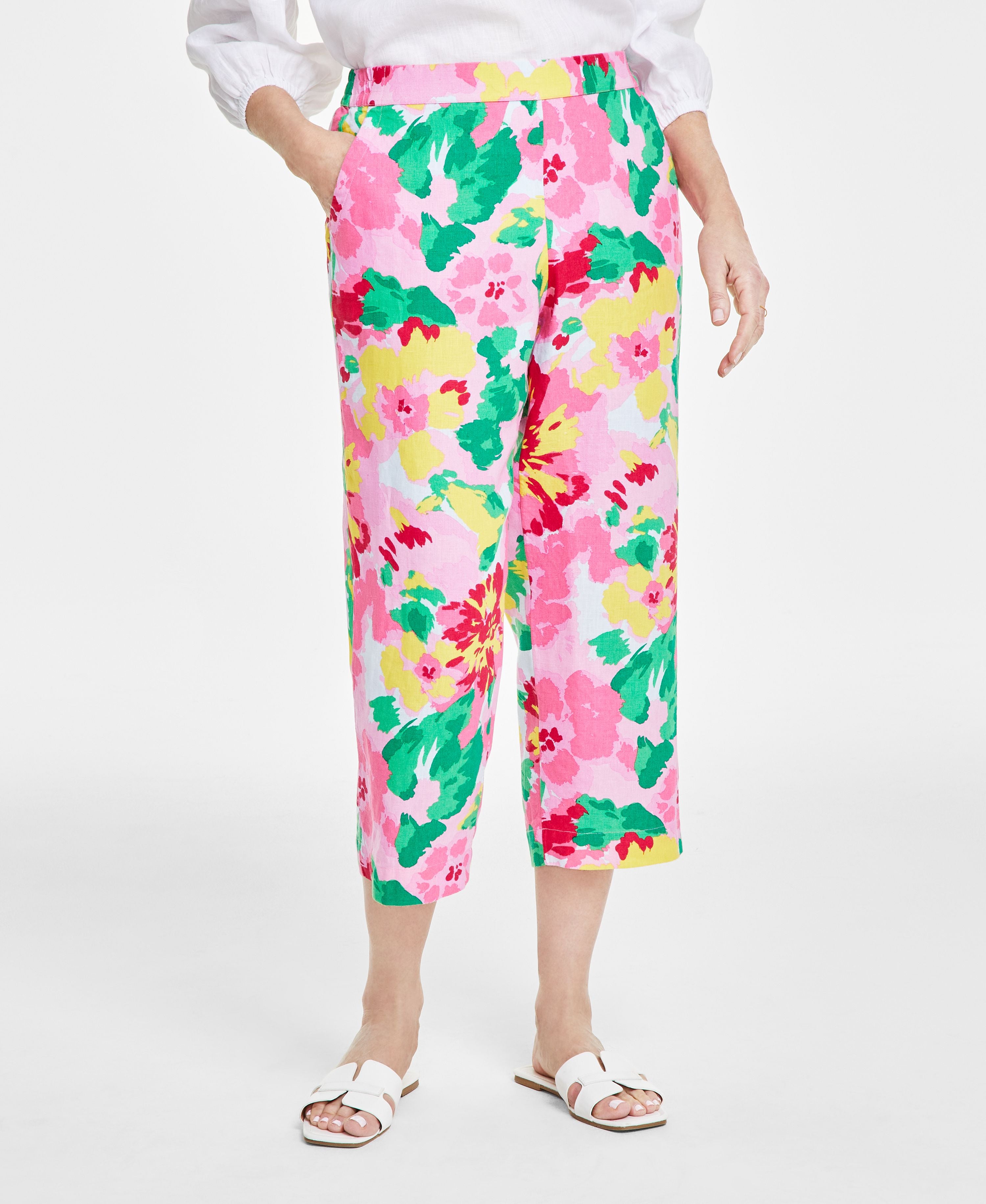 Petite 100% Linen Pull On Printed Cropped Pants