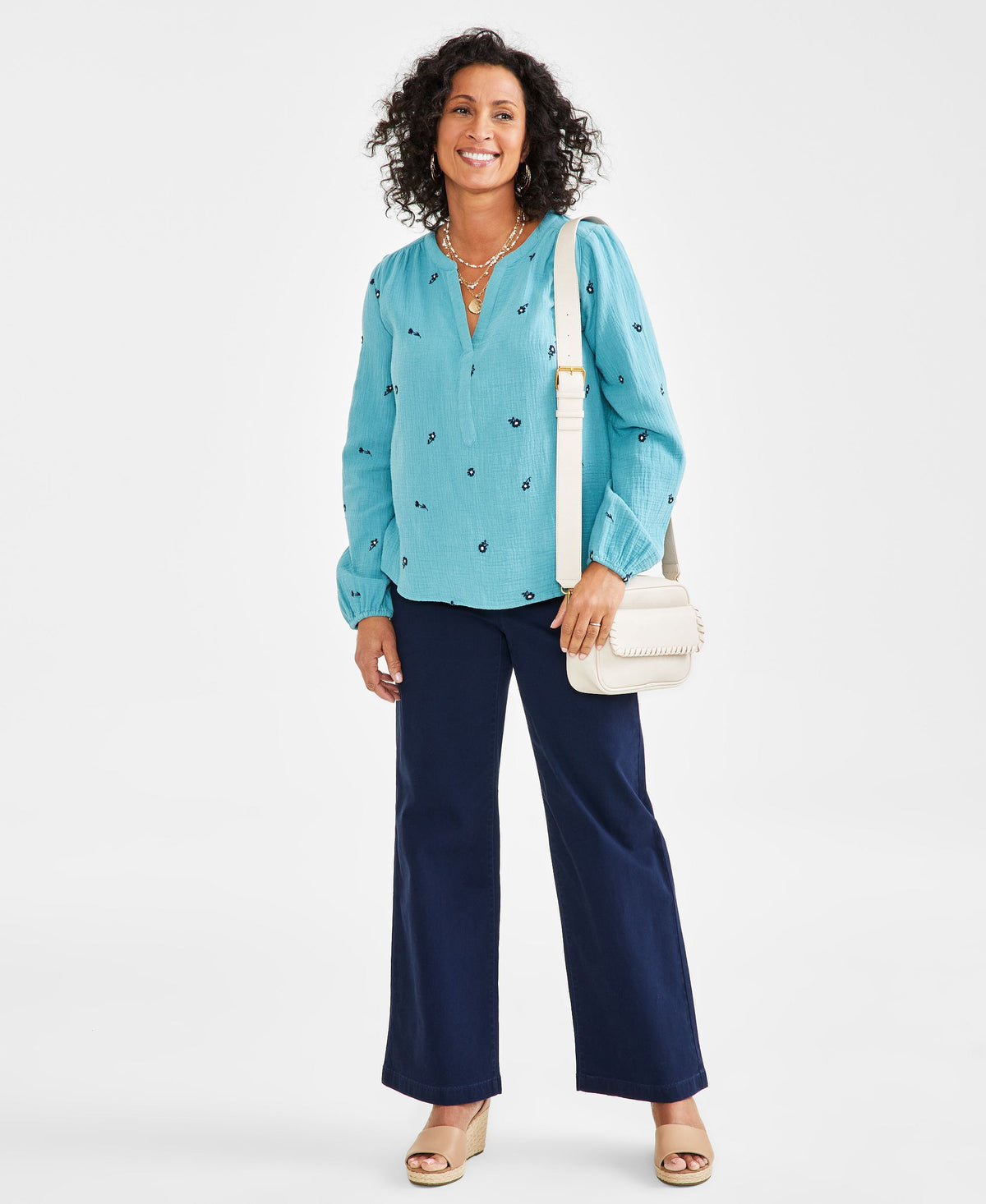 Petite Cotton Gauze Split Neck Blouse