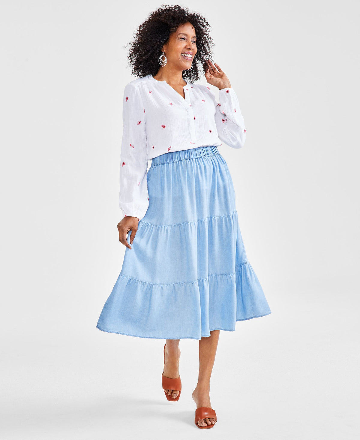 Petite Chambray Tiered Midi Skirt