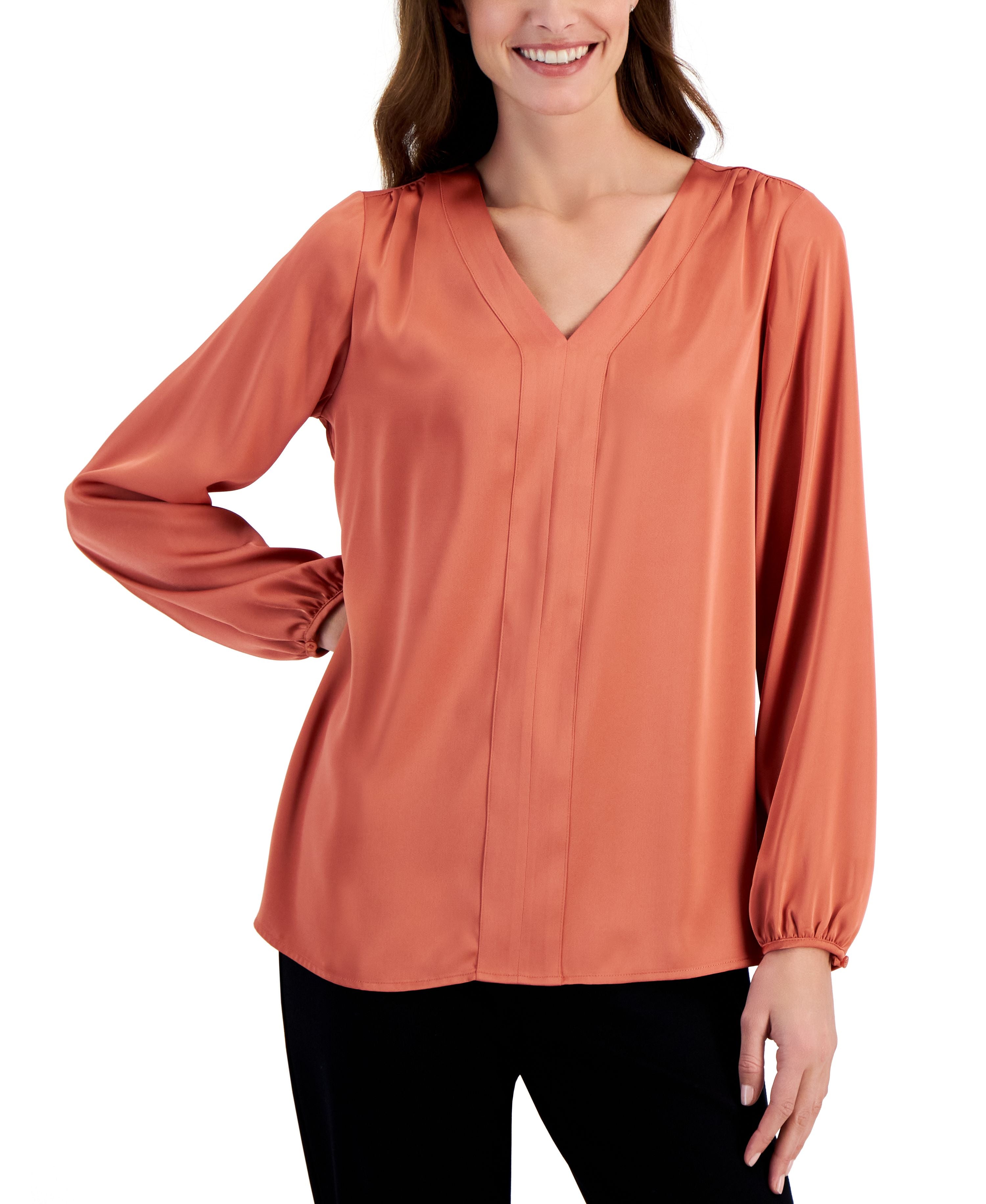 JM Collection Petite V-Neck Solid-Placket Satin Top  Burnt Brick PP