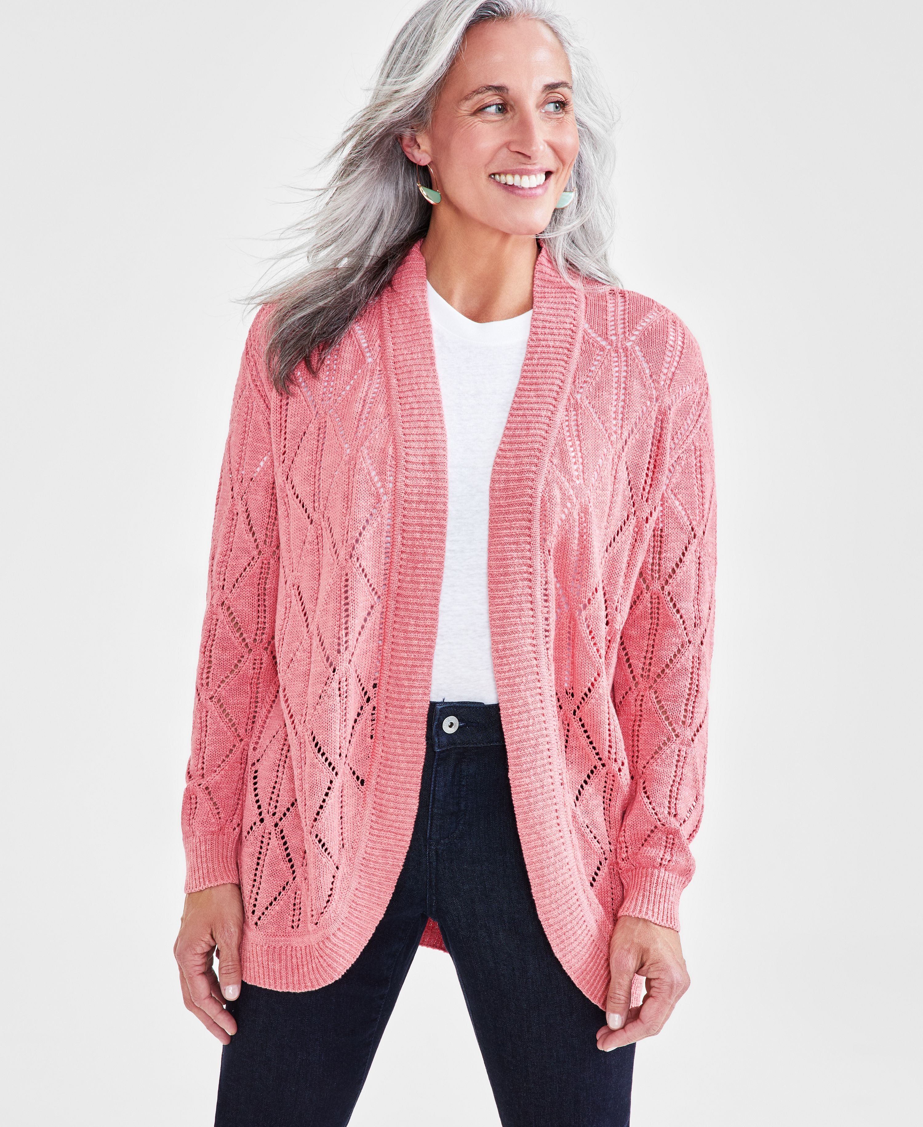 Petite Open-Stitch Long-Sleeve Cardigan