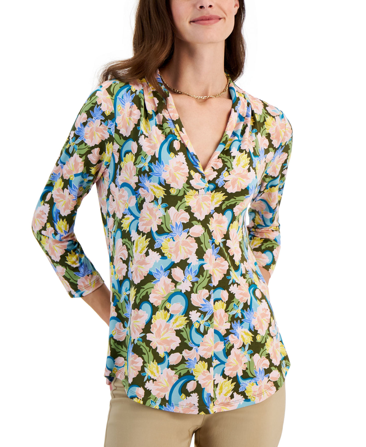 Women's Printed V-Neck 3/4 Sleeve Top