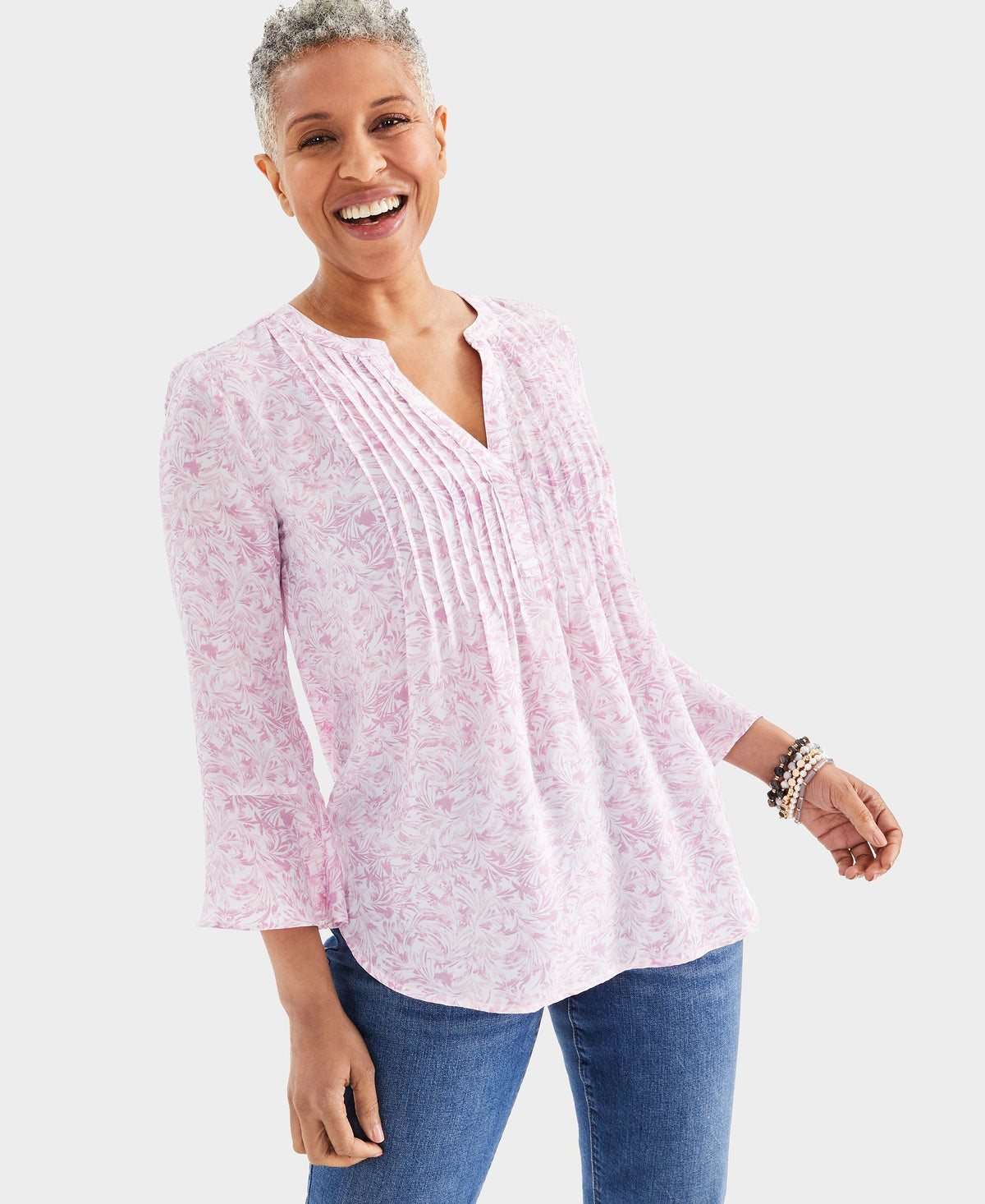 Petite Pleated Bell-Sleeve Printed Top