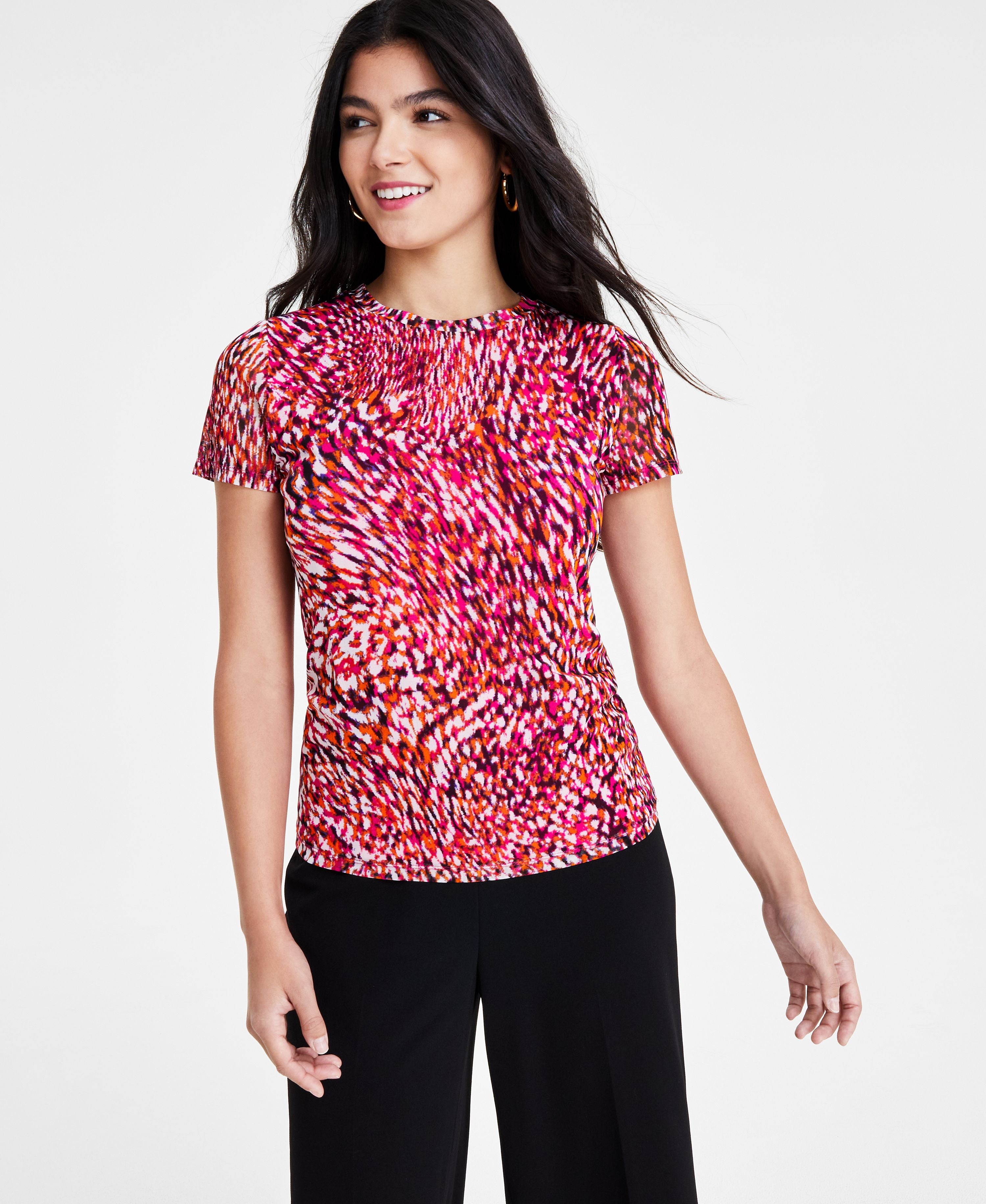 Women's Printed Short-Sleeve Mesh Top