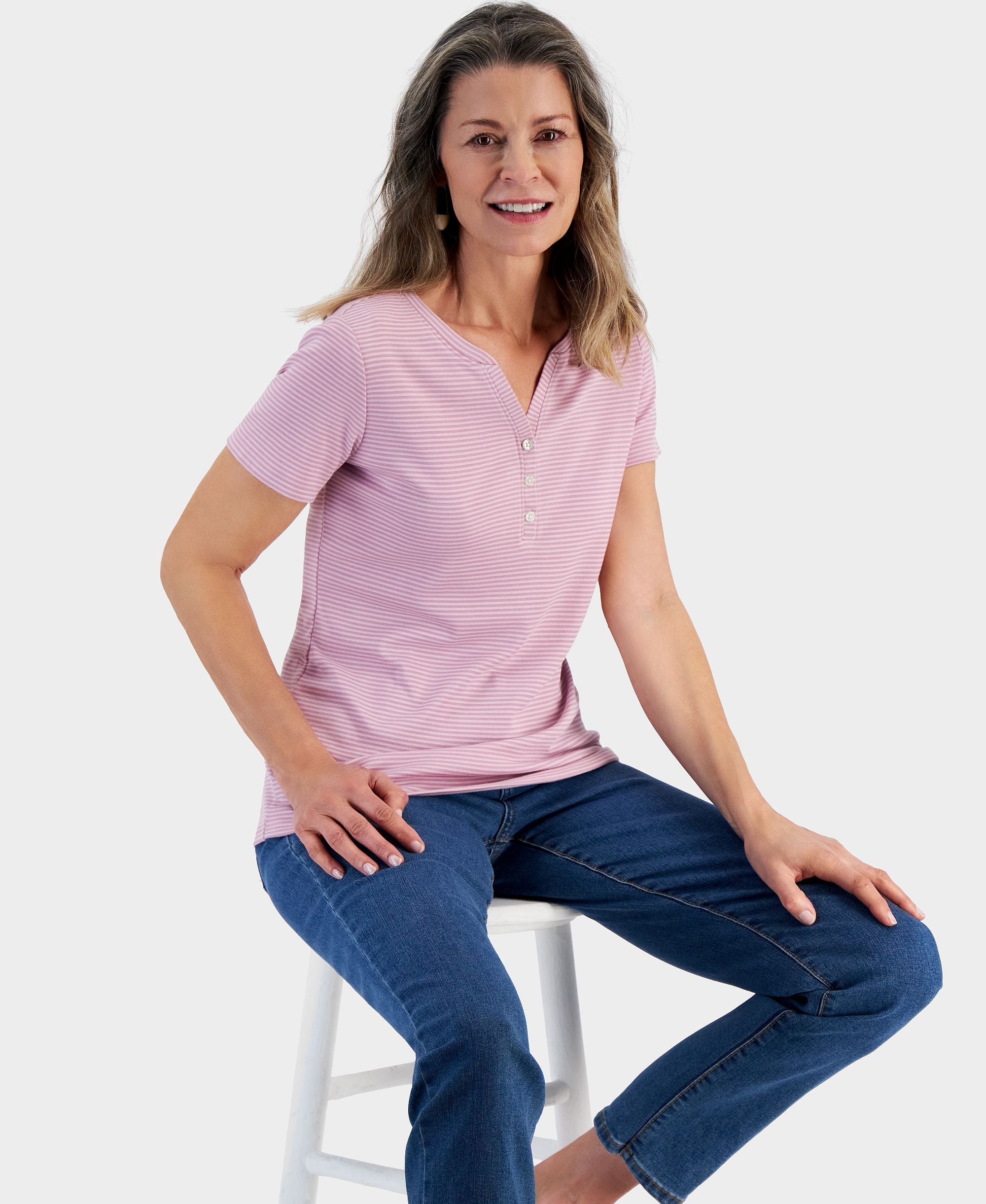 Petite Pinstripe Henley T-Shirt Pinstripe Lilac PS