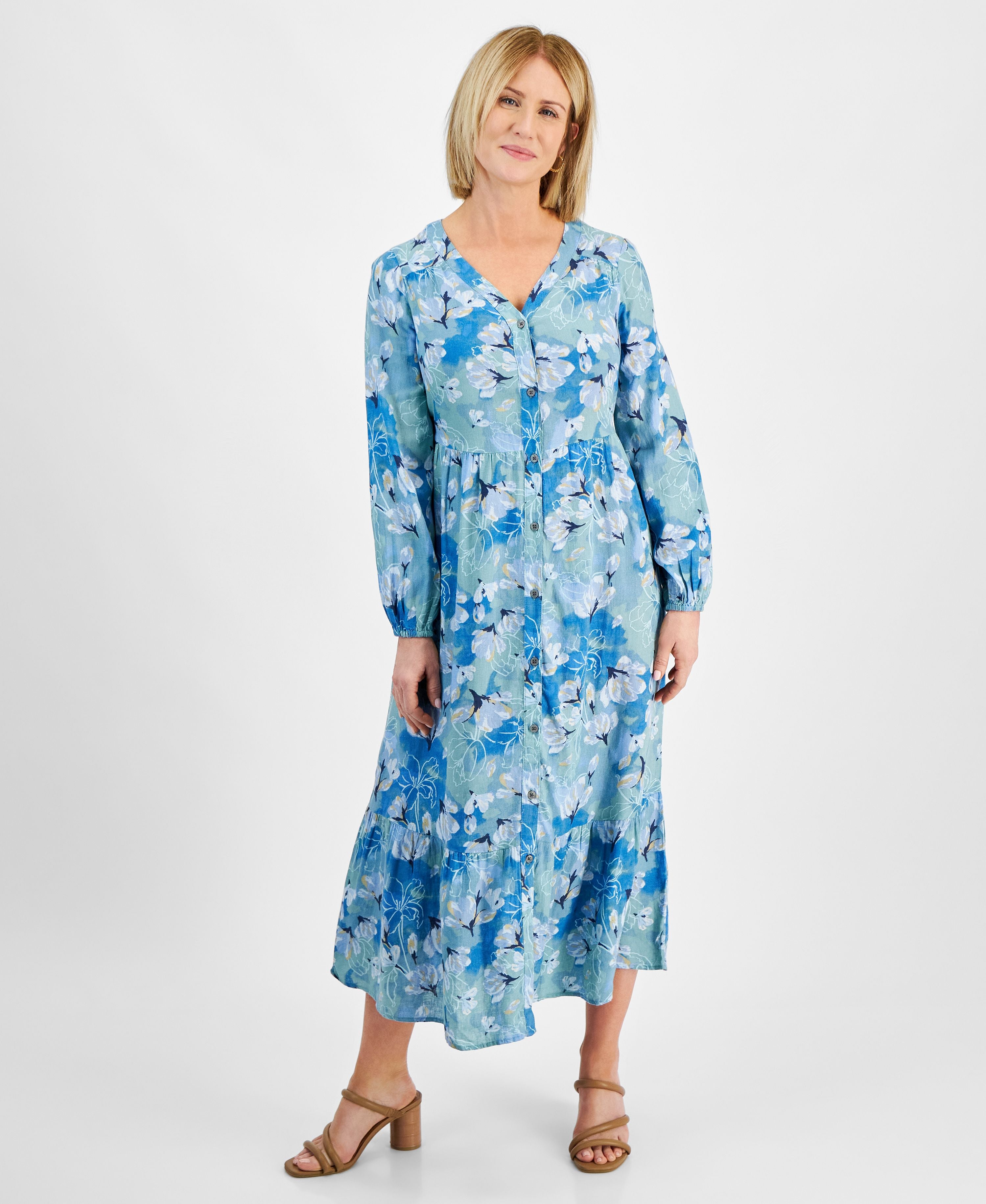 Women's Printed Linen Tiered Midi Dress, Regular & Petite