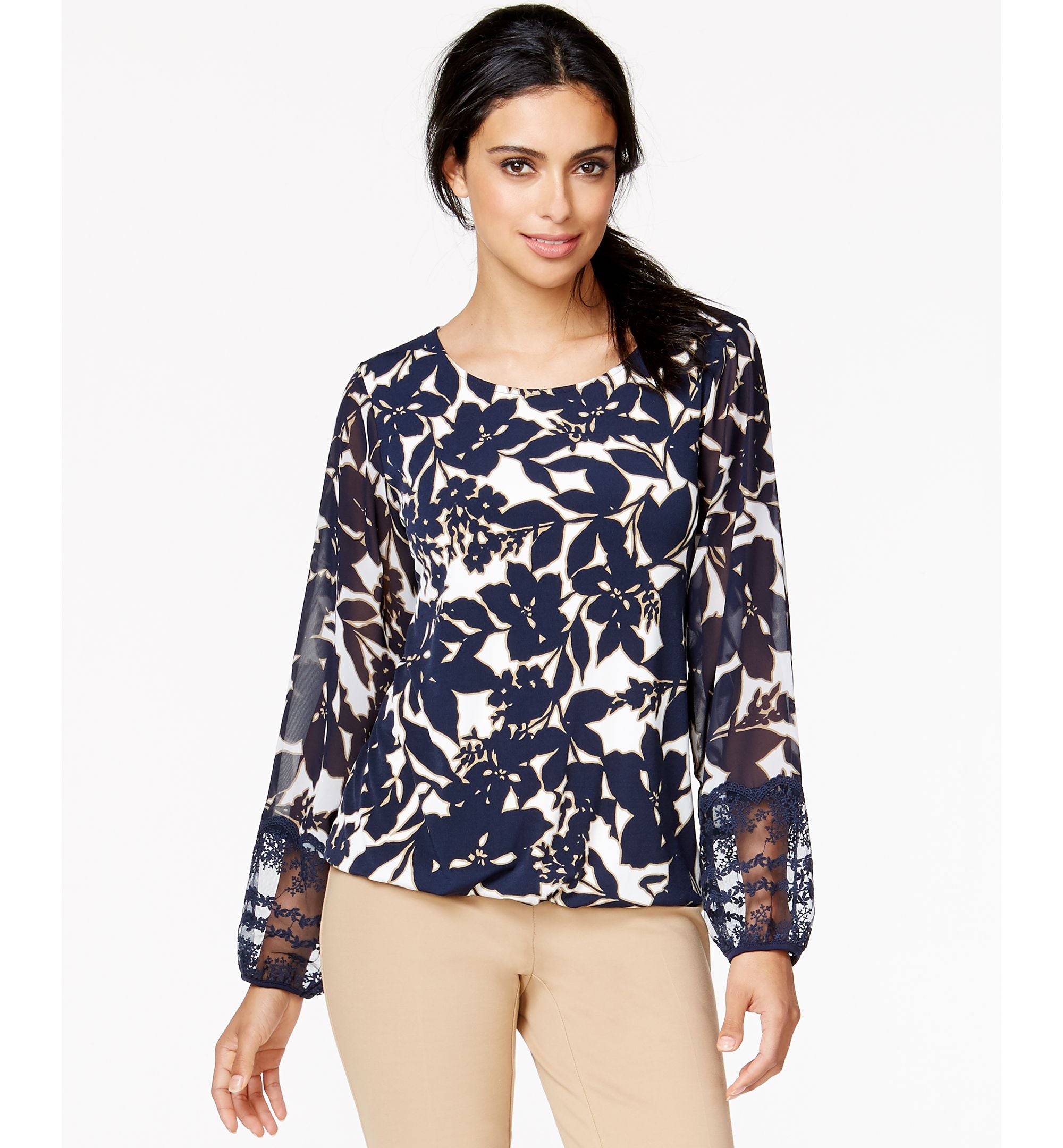 Alfani Petite Sheer-Sleeve Floral-Print Top