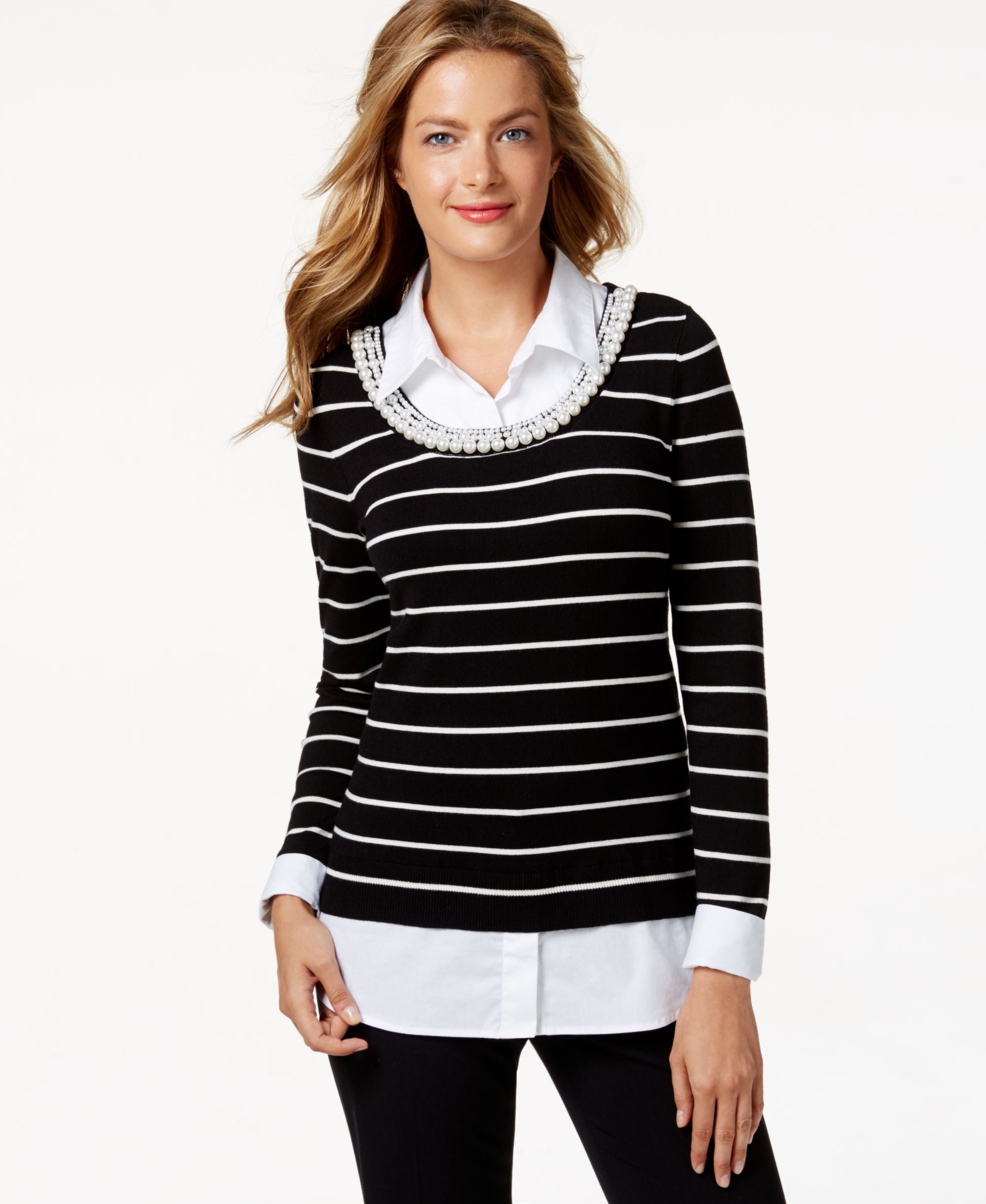 Charter Club Petite Striped Faux Pearl-Collar Sweater