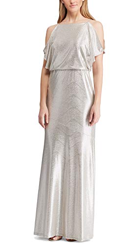 LAUREN RALPH LAUREN Womens Zelder Metallic Blouson Evening Dress Silver 10