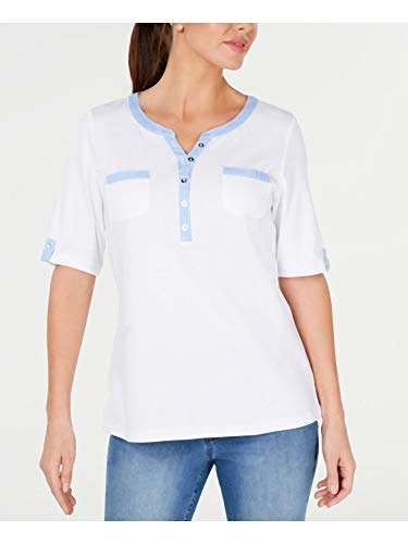 Petite Gingham-Trim Cotton Henley Top