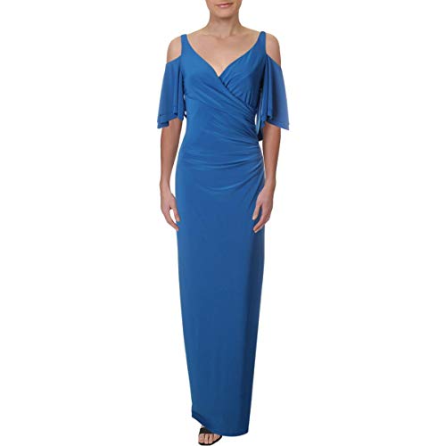 Ralph Lauren Womens Blue Ruffled Short Sleeve V Neck Maxi Sheath Dress