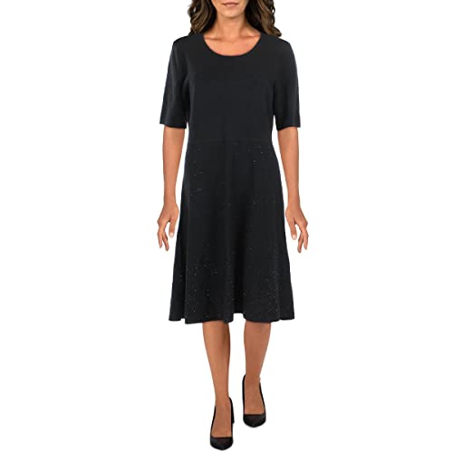 ANNE KLEIN Womens Stretch Embellished Ribbed Pullover Short Sleeve Round Neck Above The Knee Evening Sweater Dress