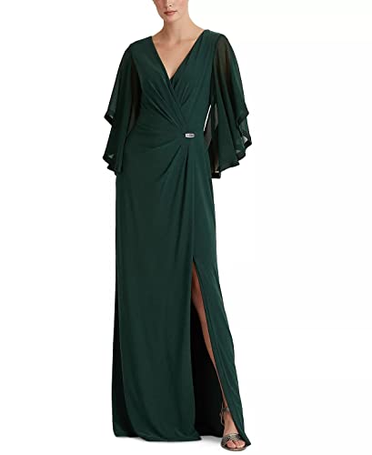 RALPH LAUREN Womens Stretch Zippered Ruched Draped Sleeves Brooch Slitted Surplice Neckline Full-Length Evening Gown Dress