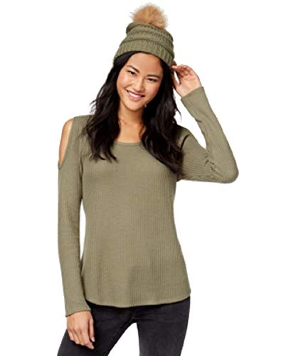 Juniors' Waffle-Knit Cold-Shoulder Top & Faux Fur-Trimmed Beanie