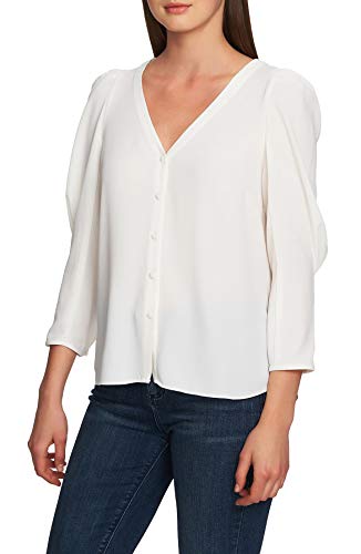 Puff-Sleeve V-Neck Button-Up Top