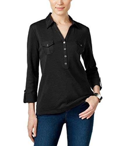 Karen Scott Petite Utility Polo Top Deep Black PP