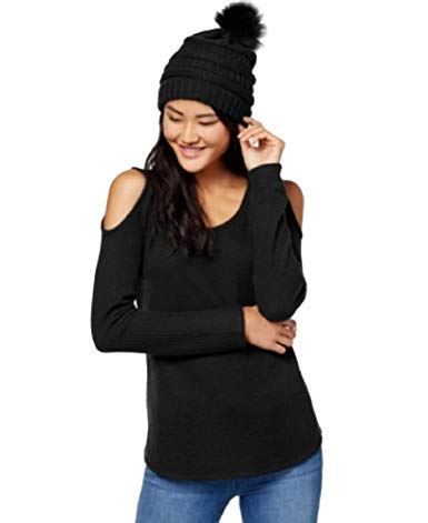 Juniors' Waffle-Knit Cold-Shoulder Top & Faux Fur-Trimmed Beanie