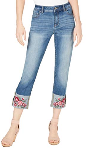 INC Embroidered-Flower Cropped Straight-Leg Jeans