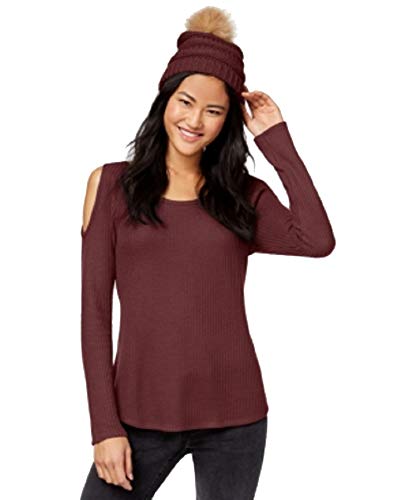 Juniors' Waffle-Knit Cold-Shoulder Top & Faux Fur-Trimmed Beanie
