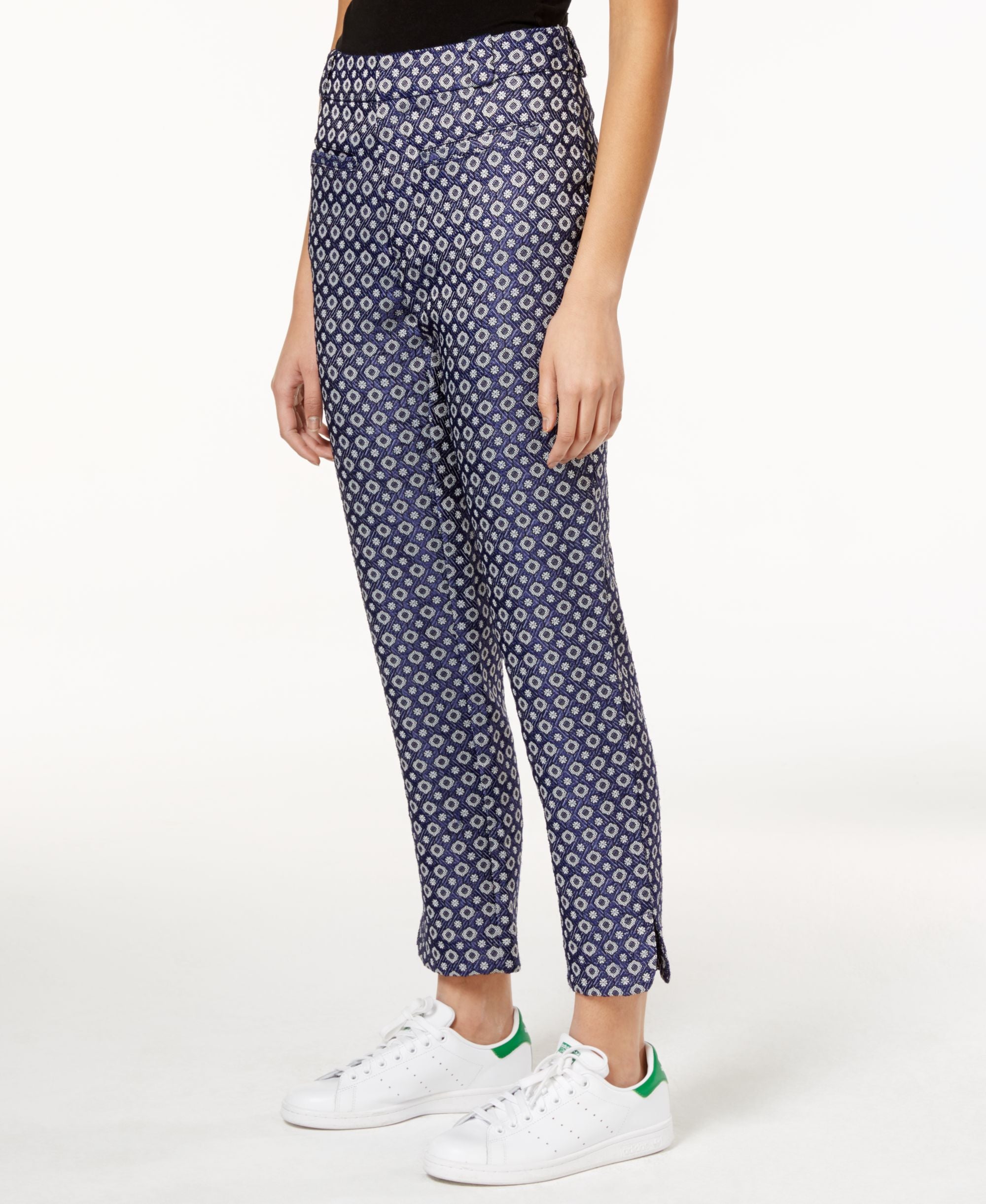 Rachel Roy Womens Navy Slitted Printed Straight Leg Pants