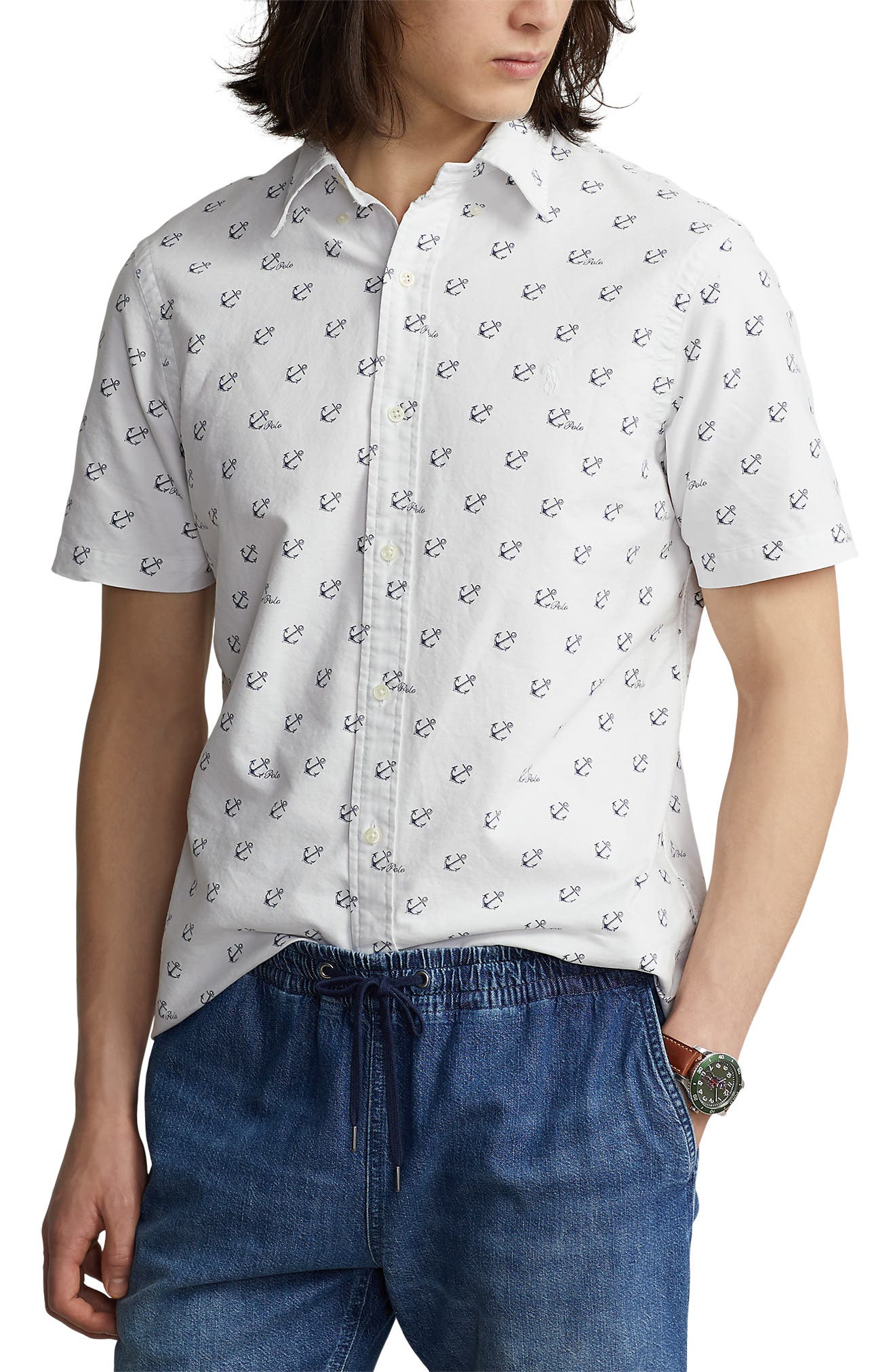 Polo Ralph Lauren Mens Anchors Classic Fit Short Sleeve Cotton Button Down Shirt