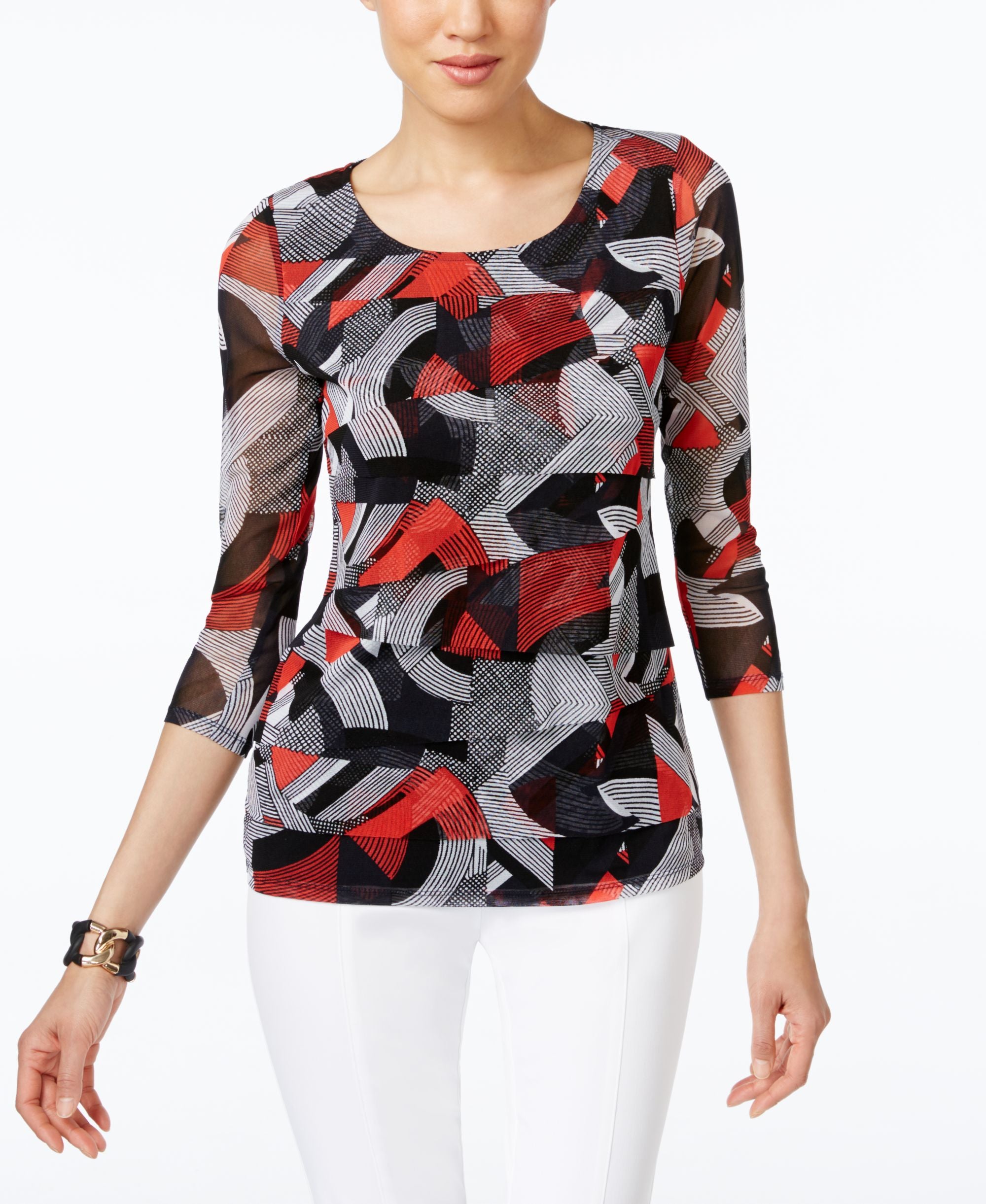Alfani Petite Printed Tiered Mesh Top