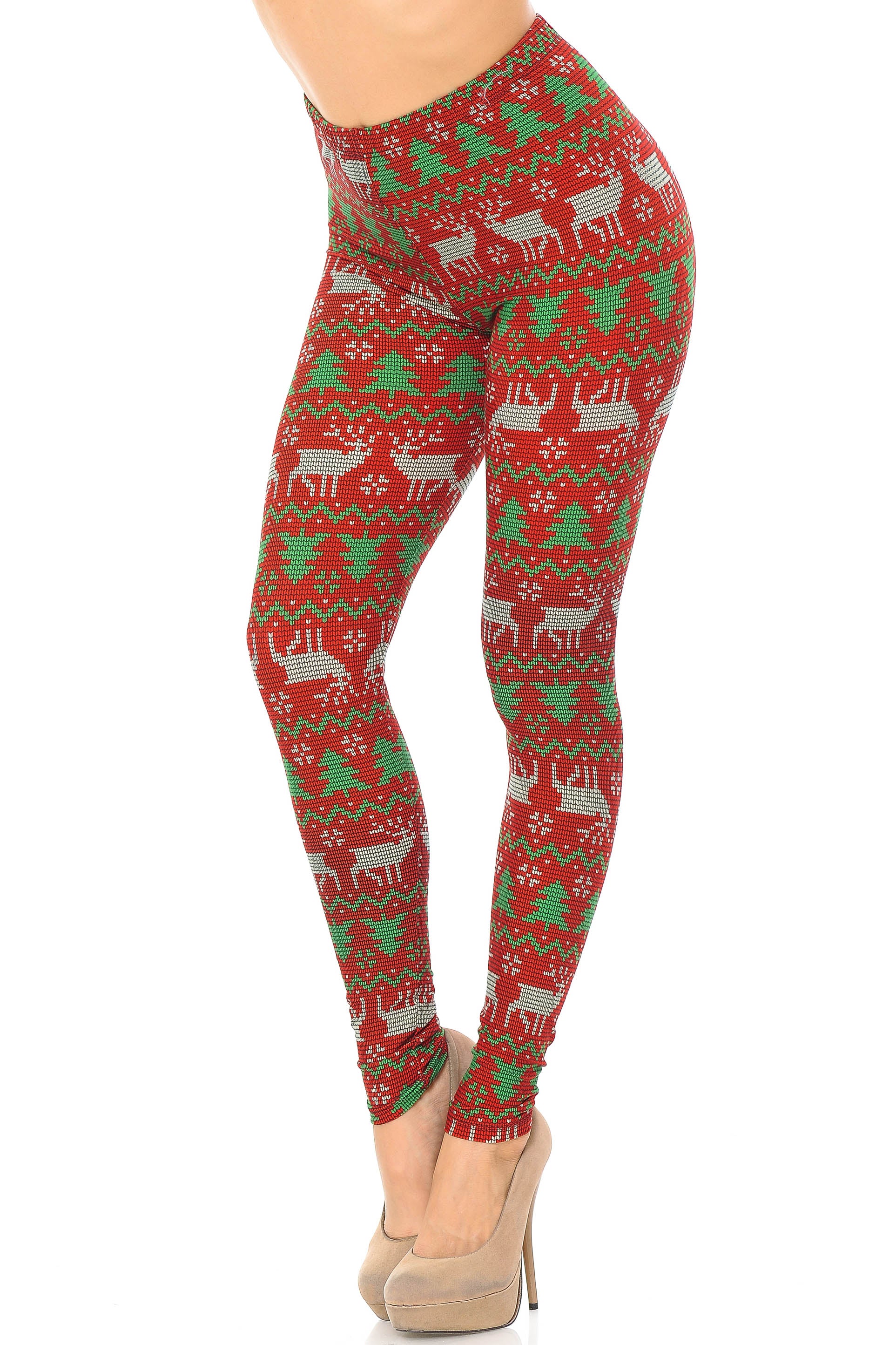 Buttery Soft Faux Knit Reindeer and Holiday Tree Extra Plus Size Leggings - 3X-5X (XPlus One Size,Burgundy)